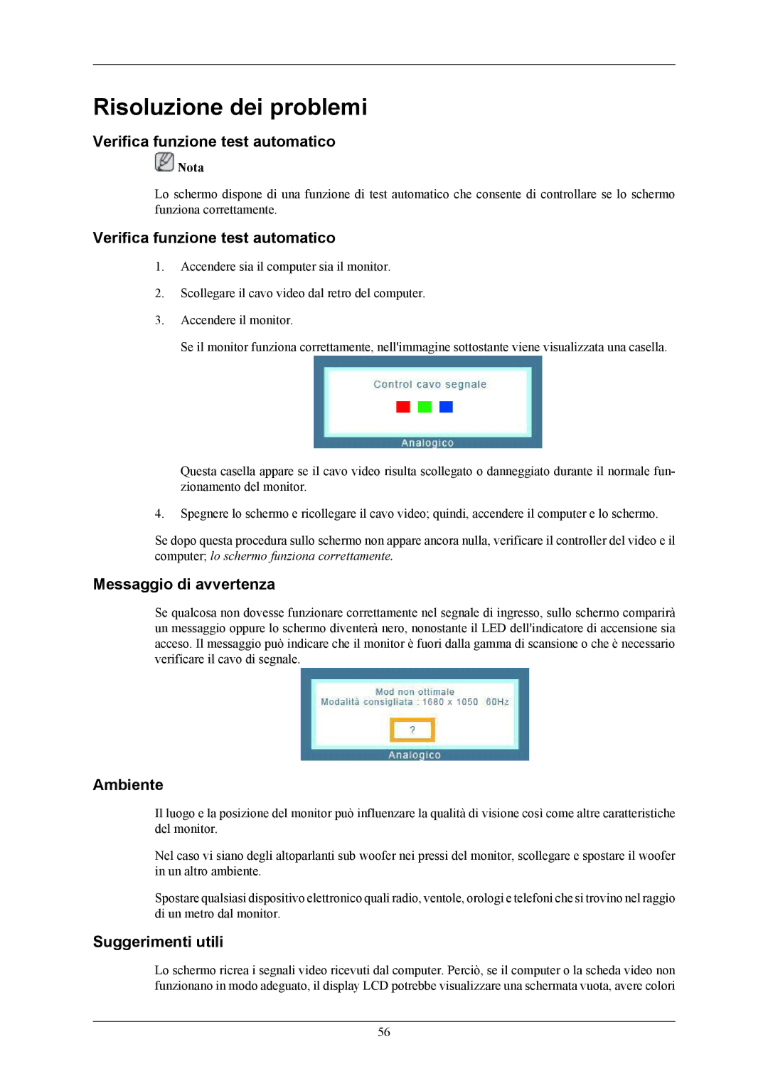 Samsung LS22MYMEBCA/EN manual Verifica funzione test automatico, Messaggio di avvertenza, Ambiente, Suggerimenti utili 