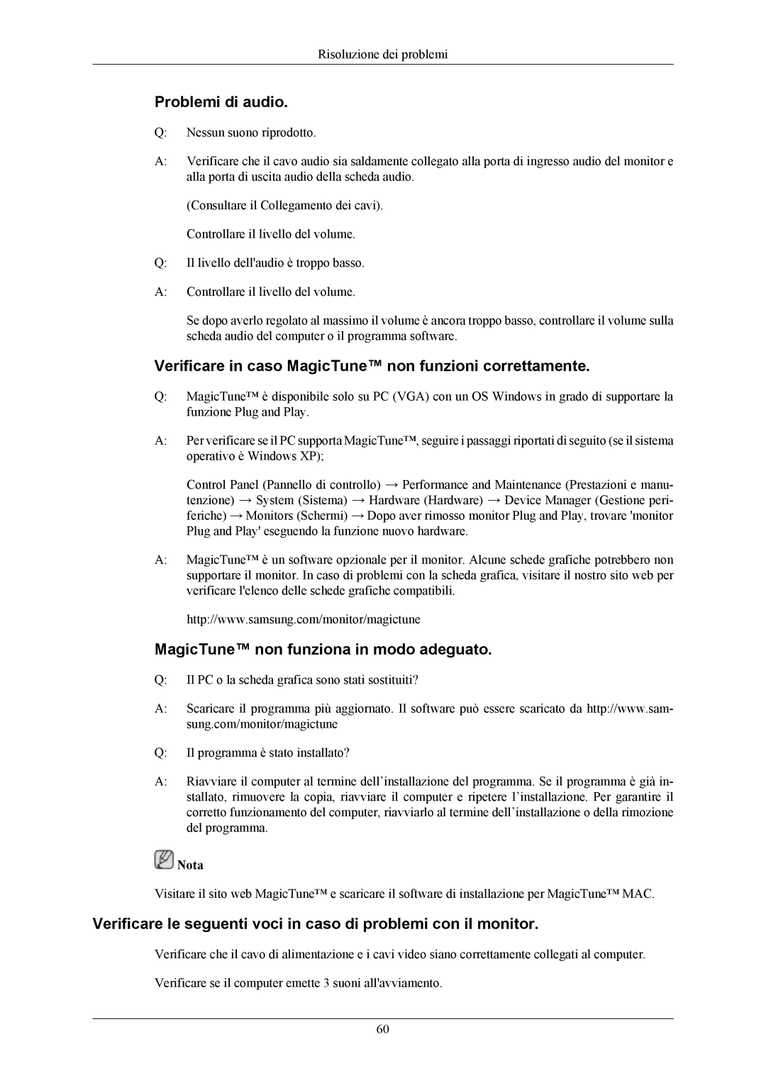 Samsung LS22MYMEBQ/EDC, LS20MYMEBQ/EDC manual Problemi di audio, Verificare in caso MagicTune non funzioni correttamente 