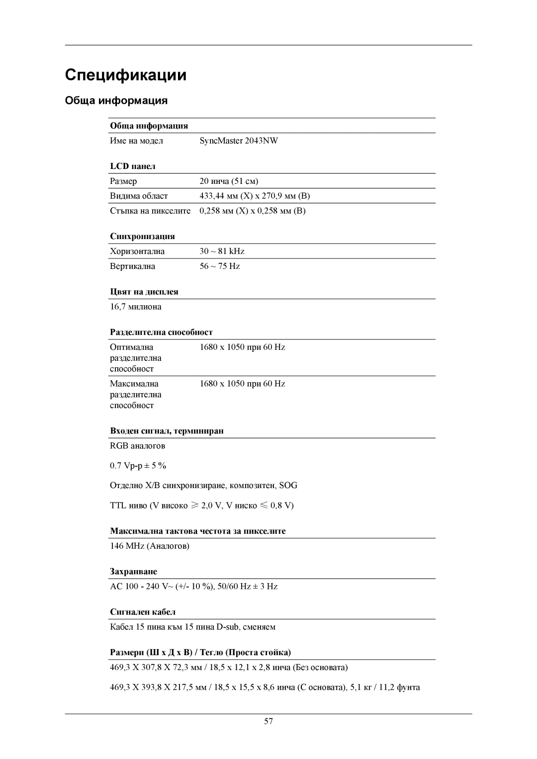 Samsung LS20MYNKBB/EDC, LS20MYNKB/EDC, LS20MYNKBBHEDC manual Спецификации, Обща информация 