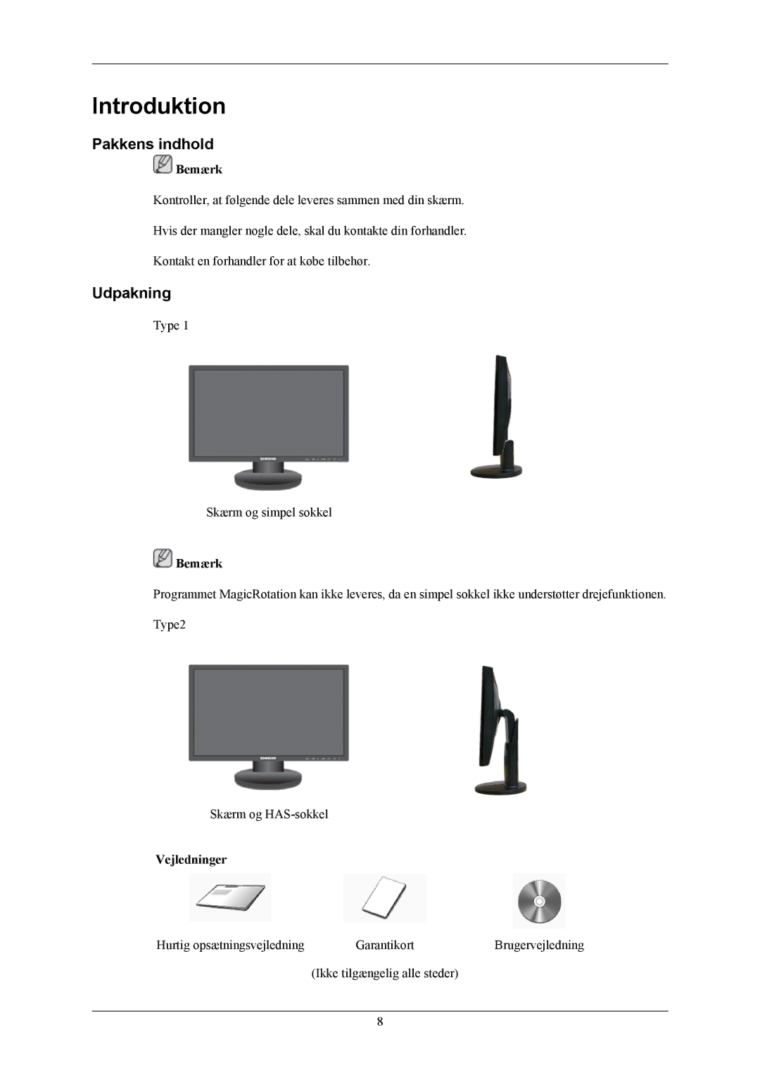 Samsung LS20MYNKBBHEDC, LS20MYNKB/EDC, LS20MYNKBB/EDC manual Introduktion, Pakkens indhold, Udpakning 