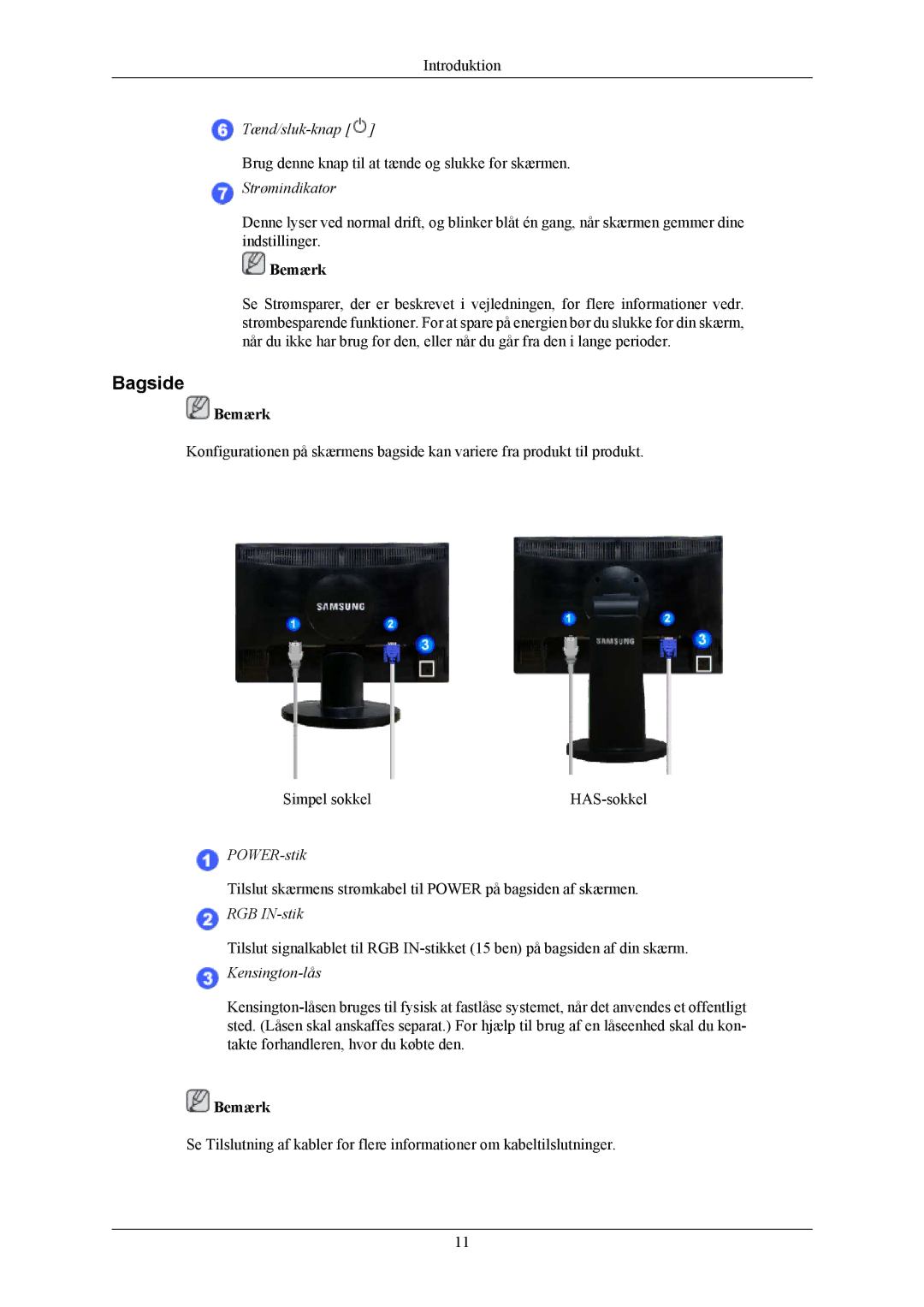 Samsung LS20MYNKBBHEDC, LS20MYNKB/EDC, LS20MYNKBB/EDC manual Bagside, Strømindikator 