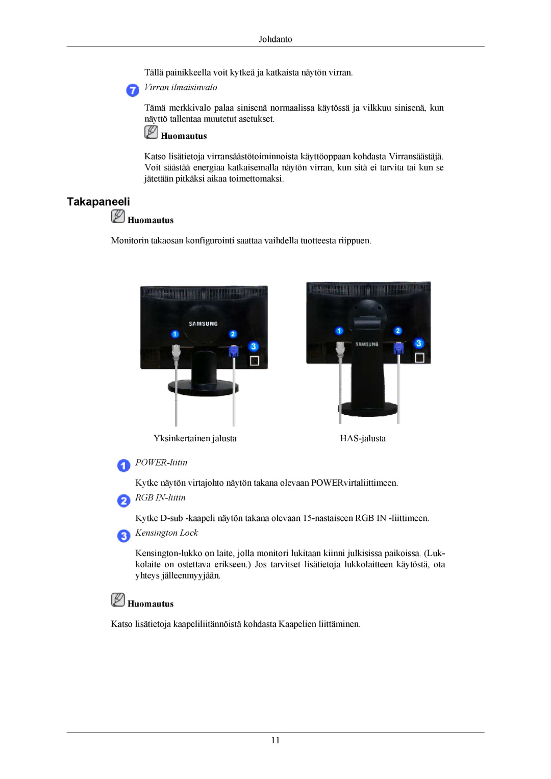 Samsung LS20MYNKBBHEDC, LS20MYNKB/EDC, LS20MYNKBB/EDC manual Takapaneeli, Virran ilmaisinvalo 