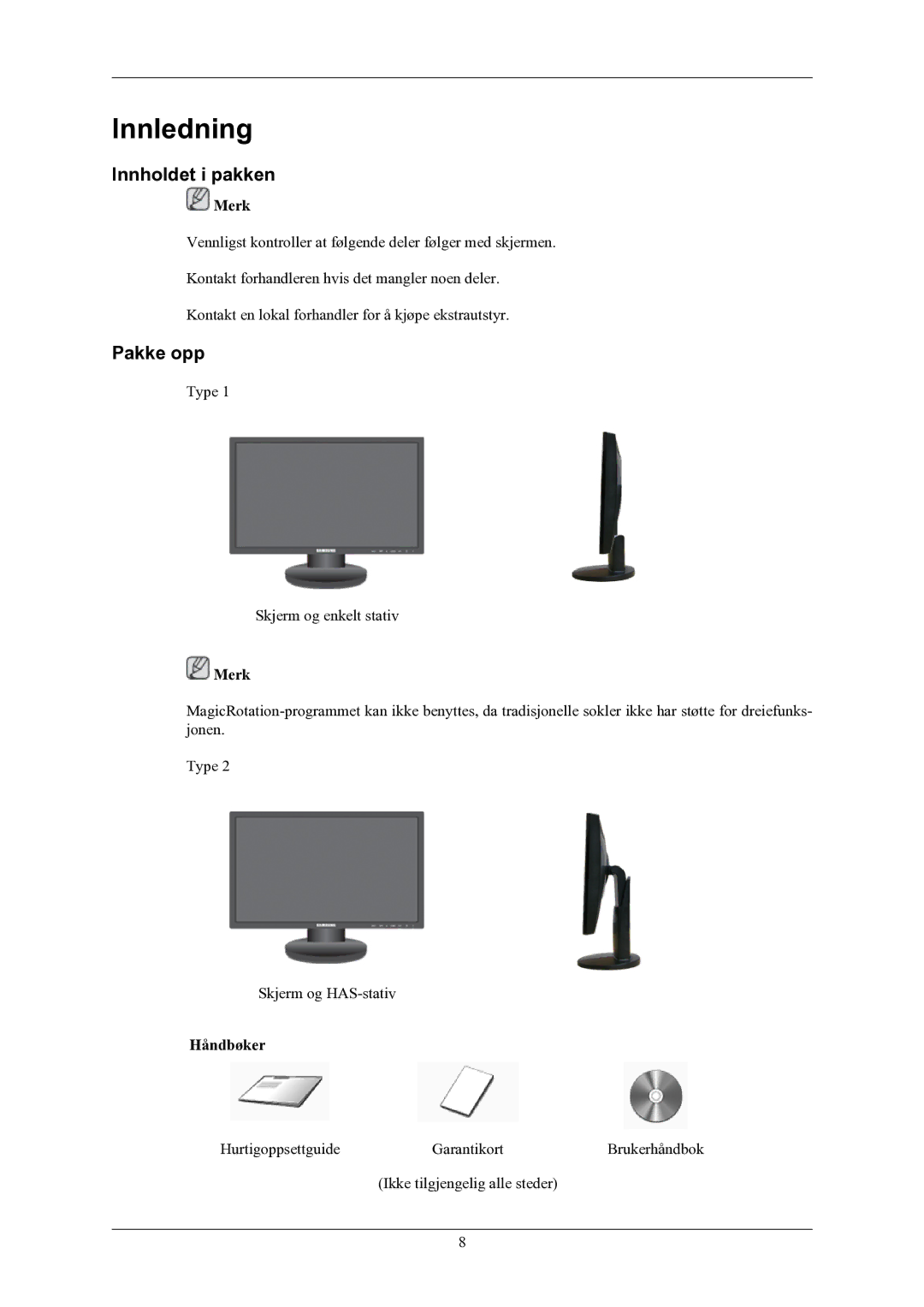 Samsung LS20MYNKBBHEDC, LS20MYNKB/EDC, LS20MYNKBB/EDC manual Innledning, Innholdet i pakken, Pakke opp 