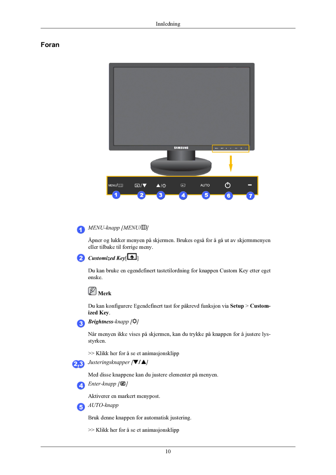 Samsung LS20MYNKBB/EDC, LS20MYNKB/EDC, LS20MYNKBBHEDC manual Foran, MENU-knapp Menu 