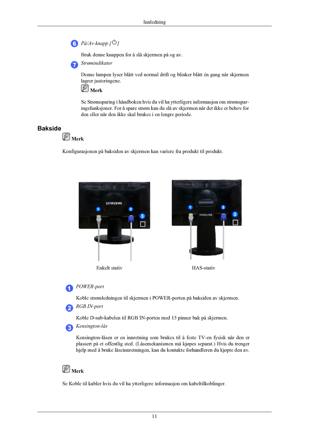 Samsung LS20MYNKBBHEDC, LS20MYNKB/EDC, LS20MYNKBB/EDC manual Bakside, Strømindikator 