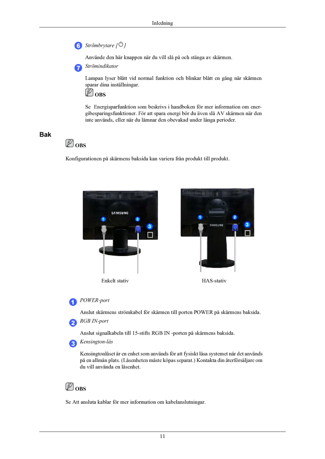 Samsung LS20MYNKBBHEDC, LS20MYNKB/EDC, LS20MYNKBB/EDC manual Bak, Strömindikator 