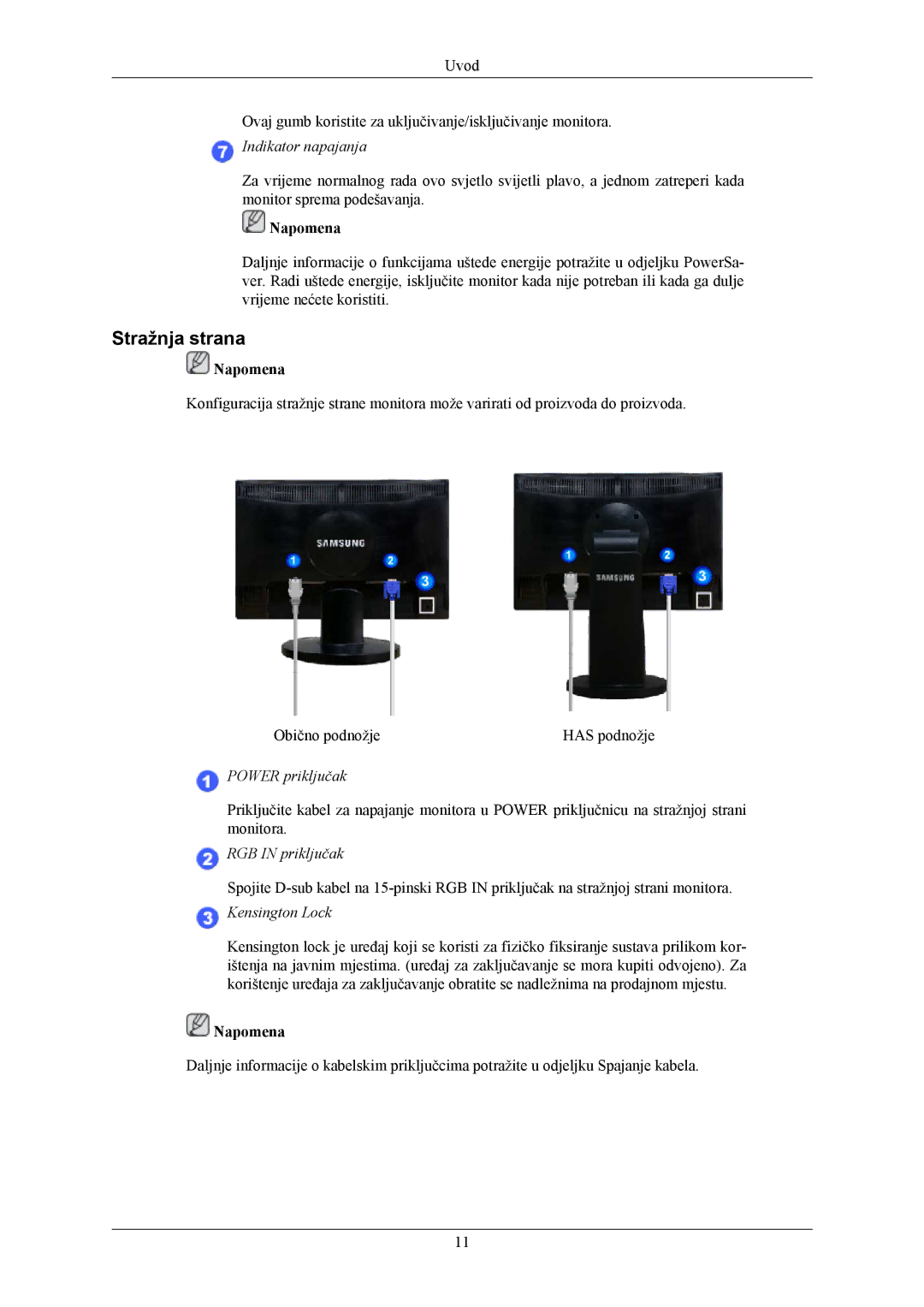 Samsung LS20MYNKBBHEDC, LS20MYNKB/EDC, LS20MYNKBB/EDC manual Stražnja strana, Indikator napajanja 