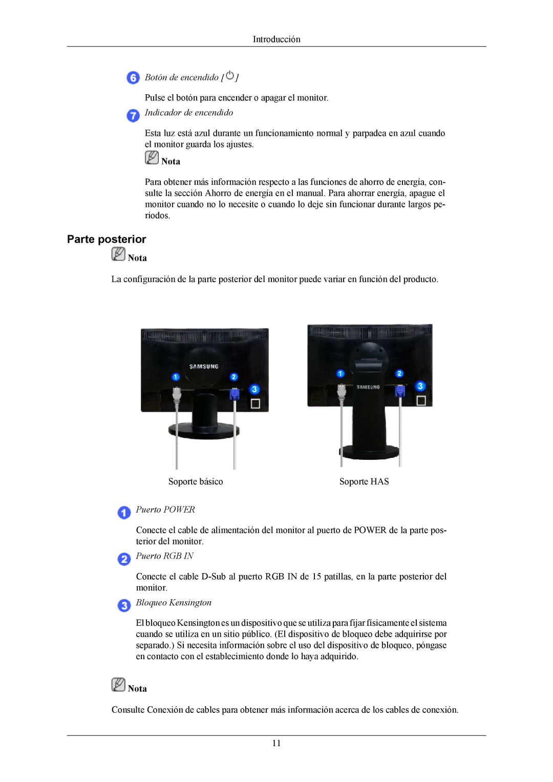 Samsung LS20MYNKF/EDC, LS20MYNKB/EDC, LS20MYNKBB/EDC, LS20MYNKBBHEDC, LS20MYNKBD/EDC Parte posterior, Indicador de encendido 