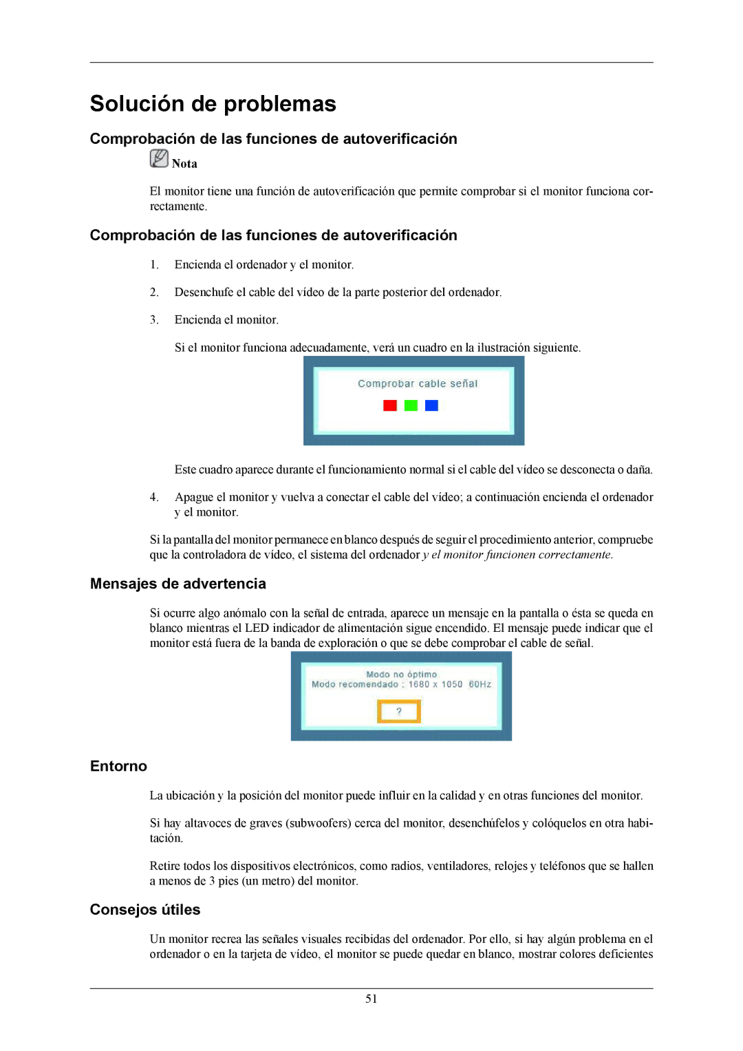 Samsung LS20MYNKF/EDC Solución de problemas, Comprobación de las funciones de autoverificación, Mensajes de advertencia 