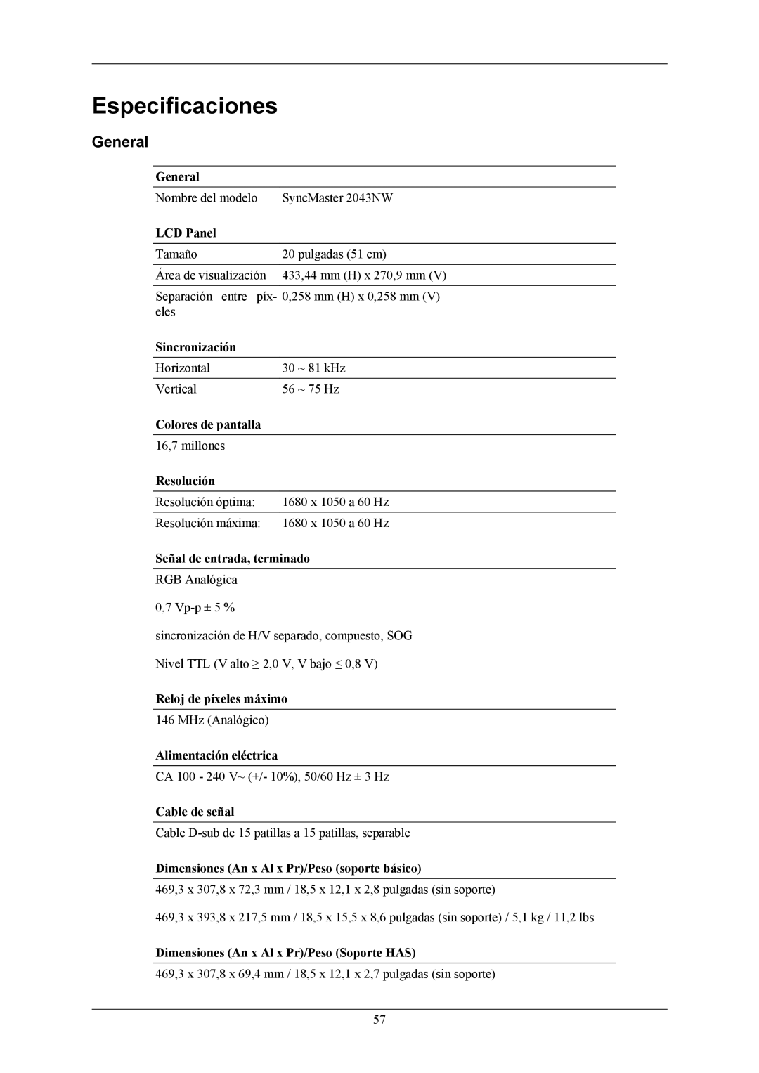 Samsung LS20MYNKBBHEDC, LS20MYNKB/EDC, LS20MYNKBB/EDC, LS20MYNKF/EDC, LS20MYNKBD/EDC manual Especificaciones, General 