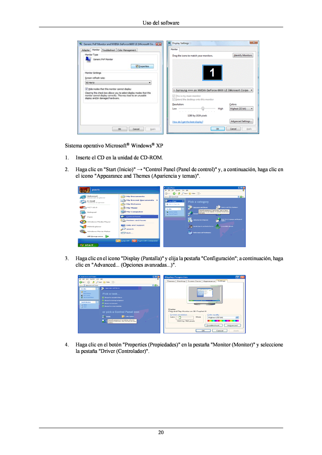 Samsung LS20MYNKBB/EDC manual Uso del software Sistema operativo Microsoft Windows XP, Inserte el CD en la unidad de CD-ROM 