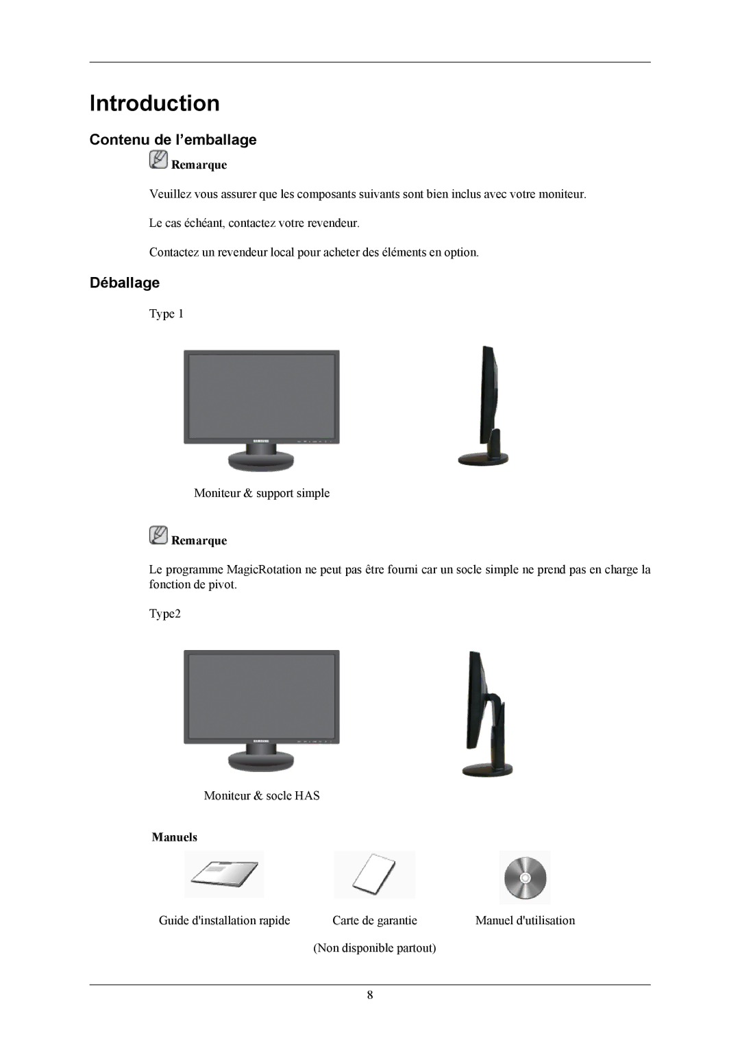 Samsung LS20MYNKF/EDC, LS20MYNKB/EDC, LS20MYNKBB/EDC, LS20MYNKS/EDC manual Introduction, Contenu de l’emballage, Déballage 