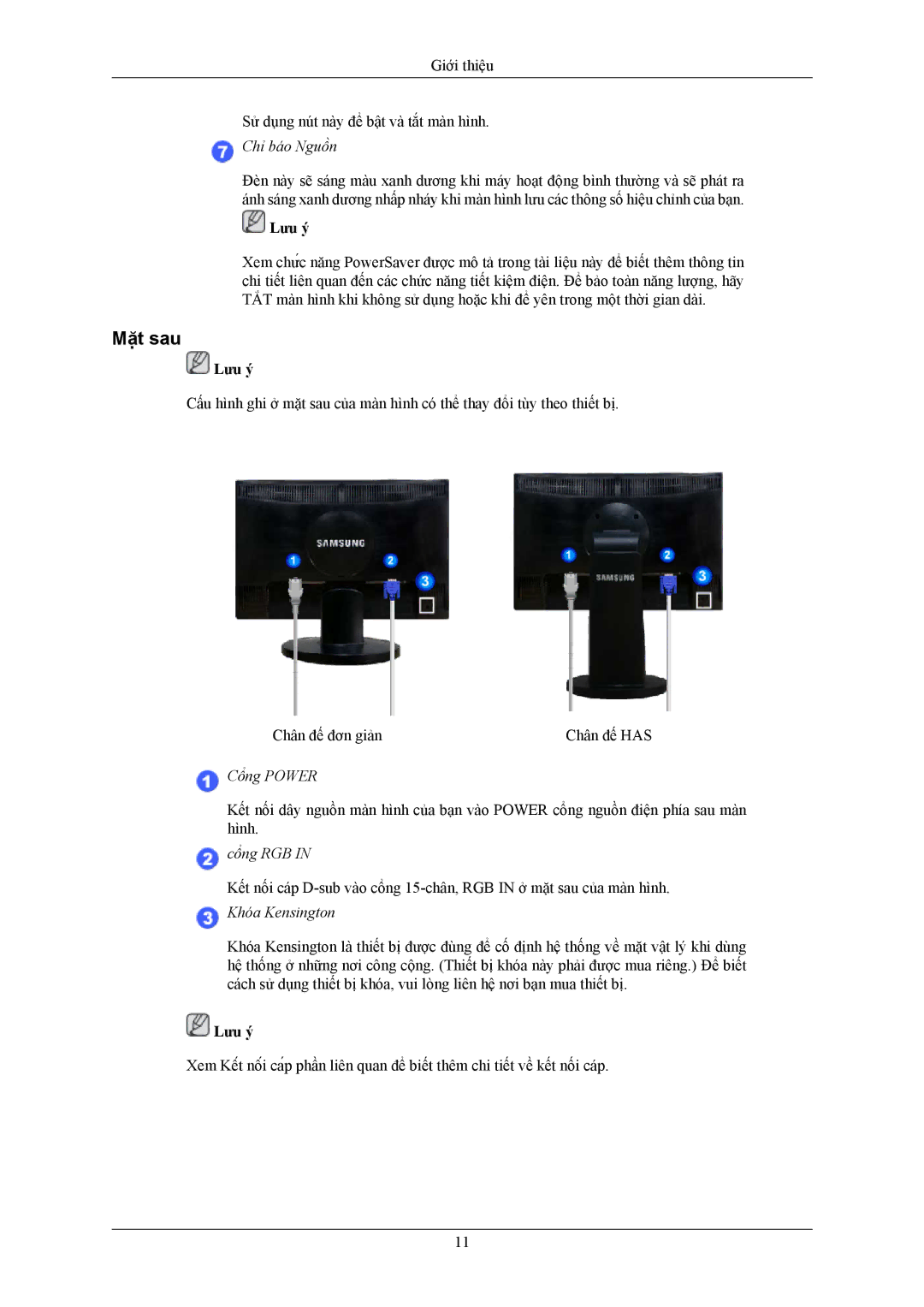 Samsung LS20MYNKF/XSV manual Mặt sau, Chỉ báo Nguồn 