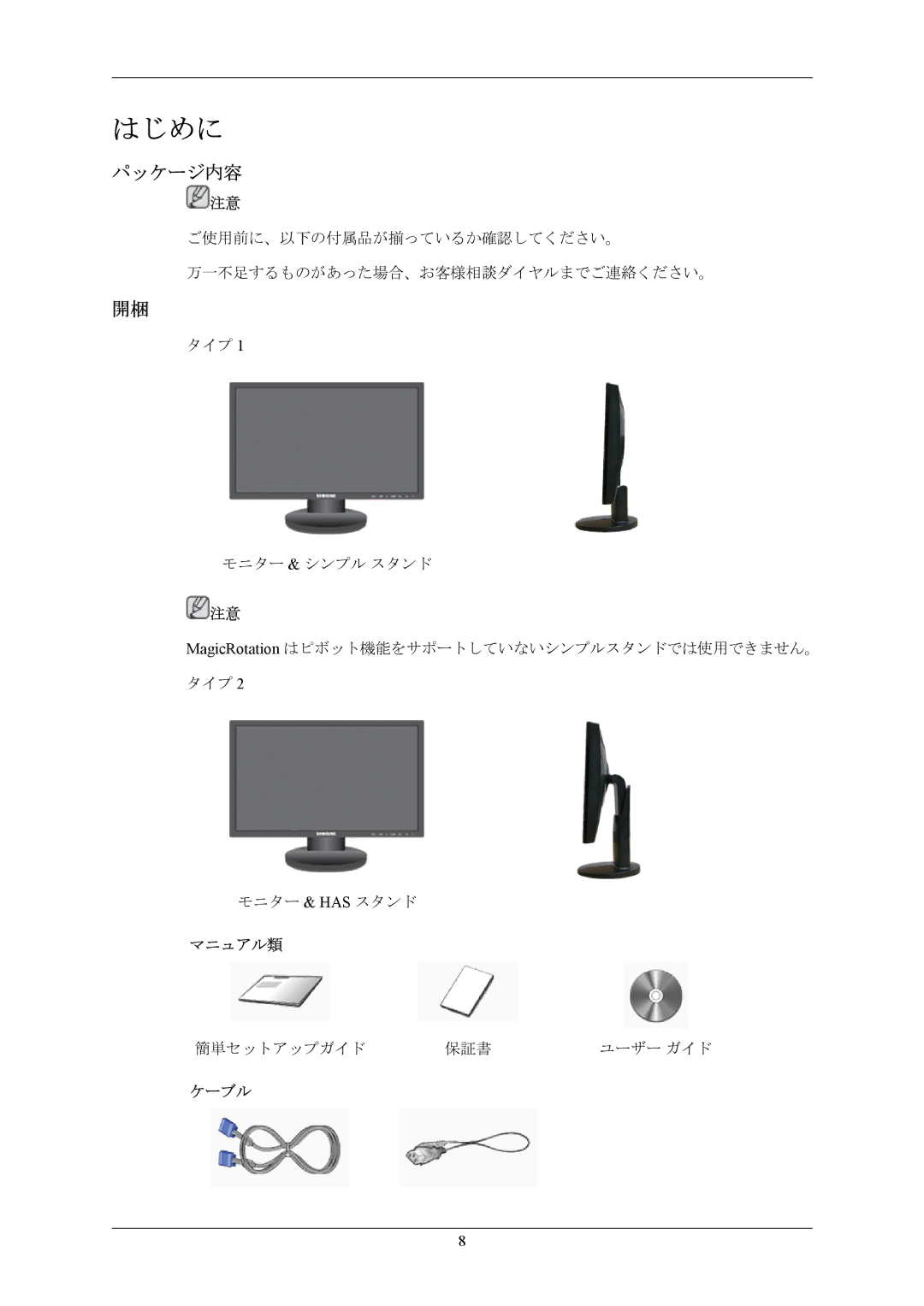 Samsung LS20MYNKN/XSJ, LS20MYNKNB/XSJ, LS20MYNKB/XSJ, LS20MYNKBB/XSJ manual はじめに, パッケージ内容 