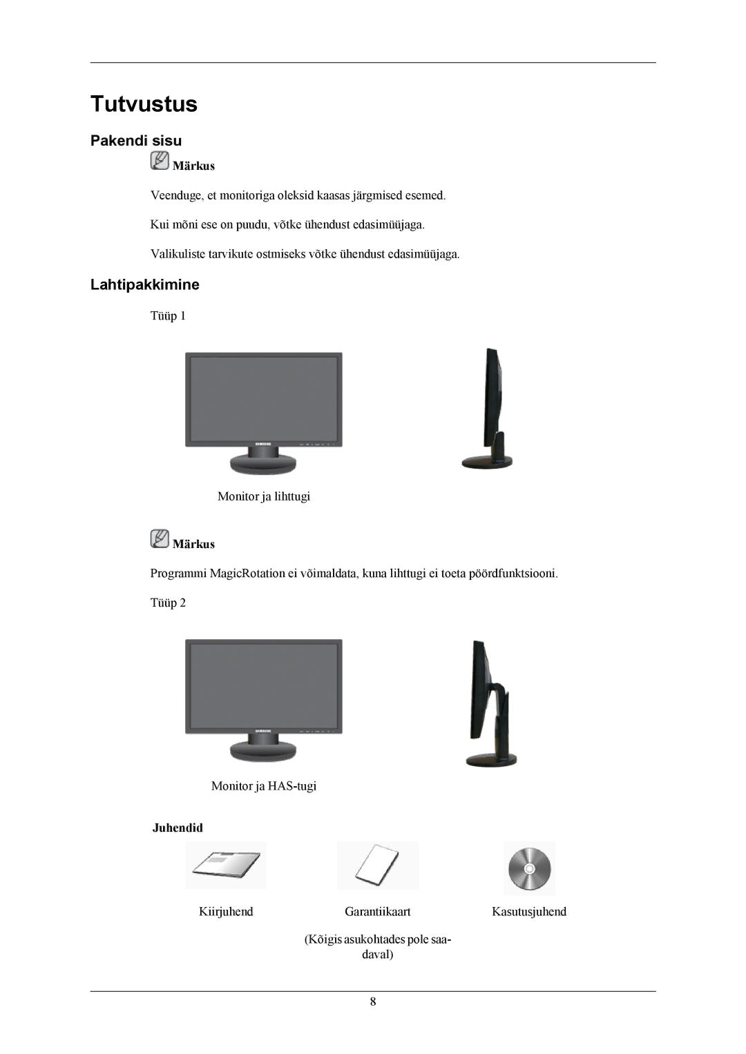 Samsung LS20MYNKF/EDC, LS20MYNKSB/EDC, LS20MYNKBB/EDC manual Tutvustus, Pakendi sisu, Lahtipakkimine 