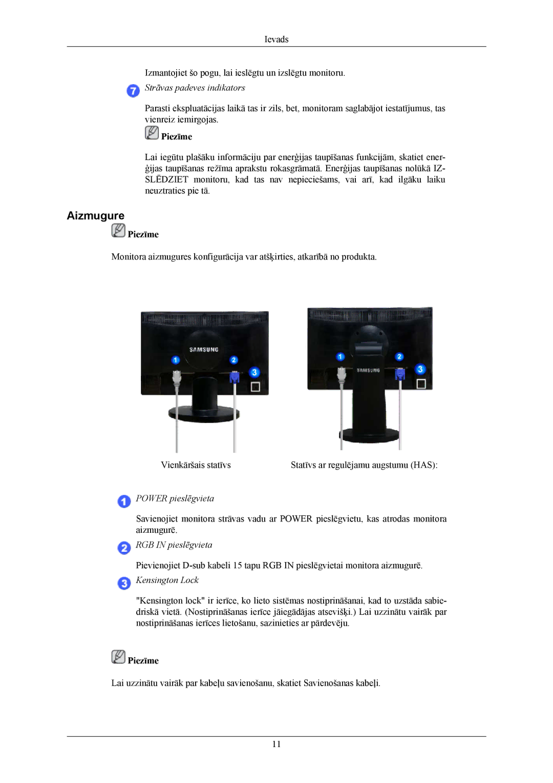 Samsung LS20MYNKF/EDC, LS20MYNKSB/EDC, LS20MYNKBB/EDC manual Aizmugure, Strāvas padeves indikators 