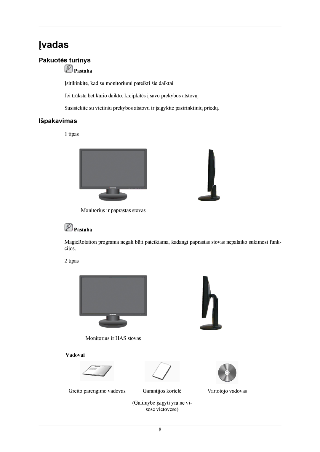 Samsung LS20MYNKF/EDC, LS20MYNKSB/EDC, LS20MYNKBB/EDC manual Įvadas, Pakuotės turinys, Išpakavimas 