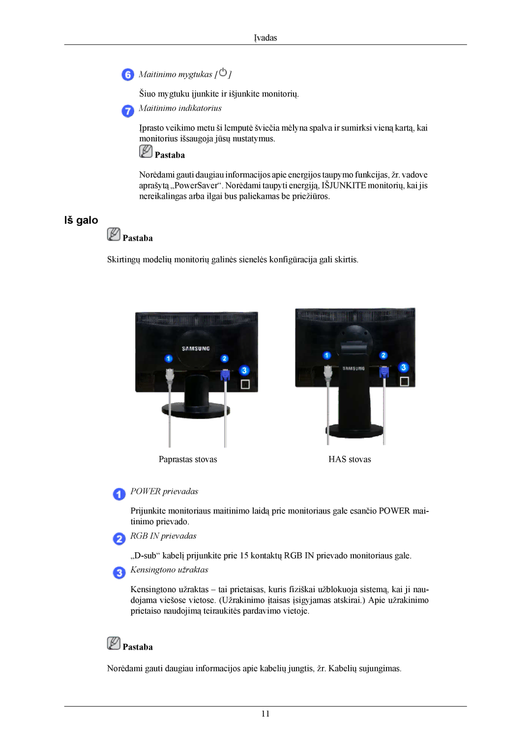 Samsung LS20MYNKF/EDC, LS20MYNKSB/EDC, LS20MYNKBB/EDC manual Iš galo, Maitinimo indikatorius 