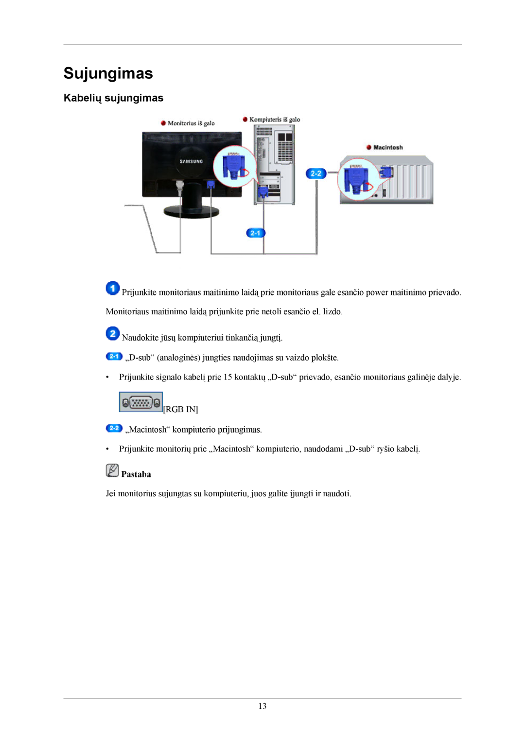 Samsung LS20MYNKBB/EDC, LS20MYNKSB/EDC, LS20MYNKF/EDC manual Sujungimas, Kabelių sujungimas 