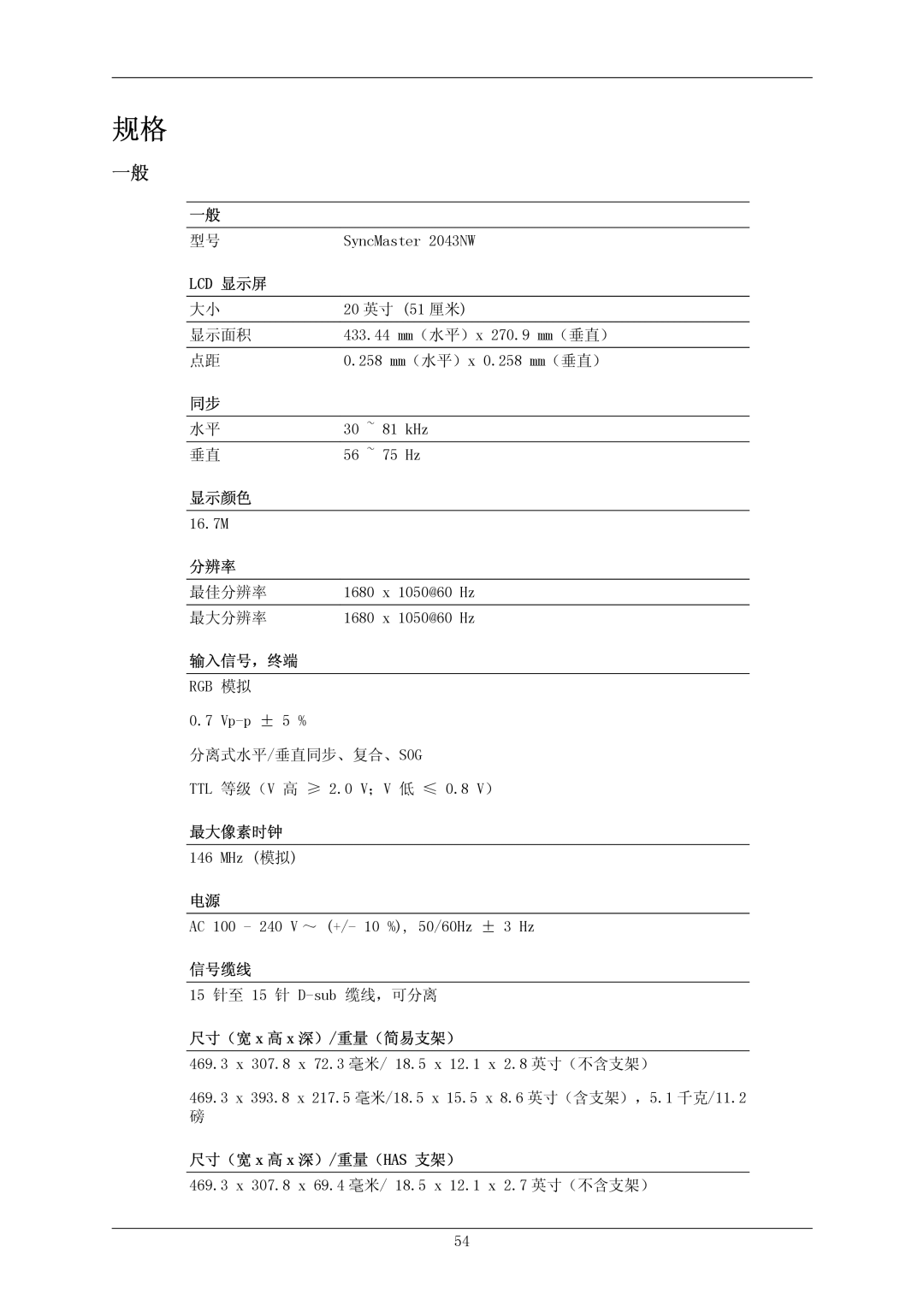 Samsung LS20MYNKBD/EDC manual Lcd 显示屏, 显示颜色, 分辨率, 输入信号，终端, 最大像素时钟, 信号缆线, 尺寸（宽 x 高 x 深）/重量（简易支架）, 尺寸（宽 x 高 x 深）/重量（HAS 支架） 