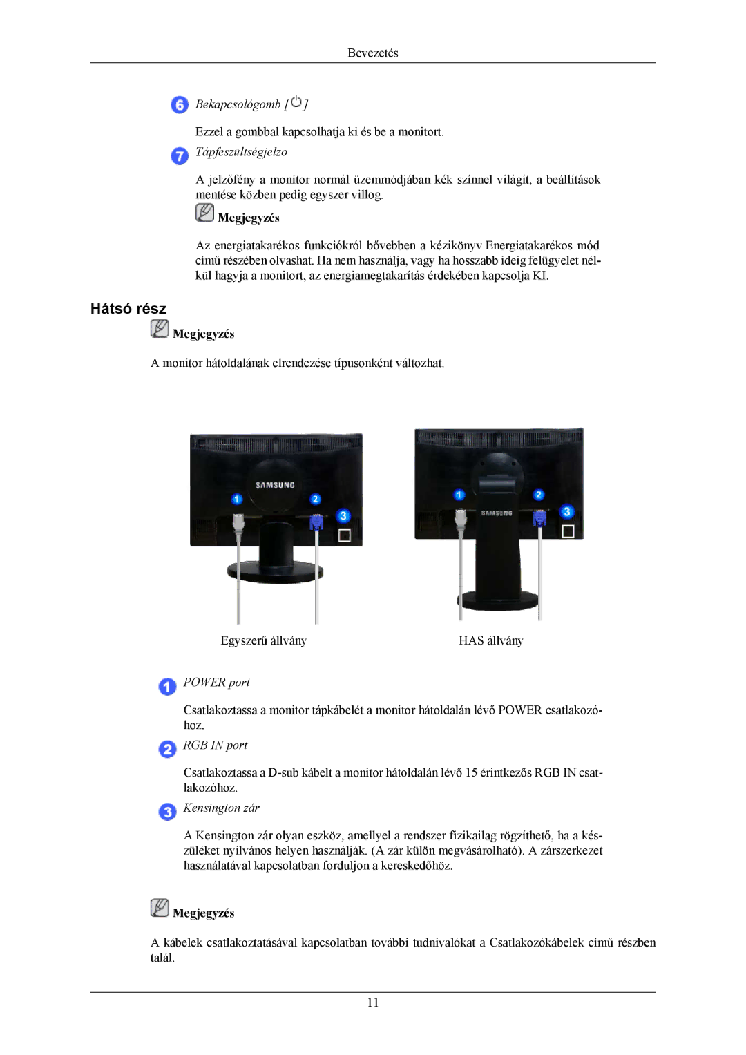 Samsung LS20MYNKBBHEDC, LS20MYNKSB/EDC, LS20MYNKB/EDC, LS20MYNKBB/EDC, LS20MYNKF/EDC manual Hátsó rész, Tápfeszültségjelzo 