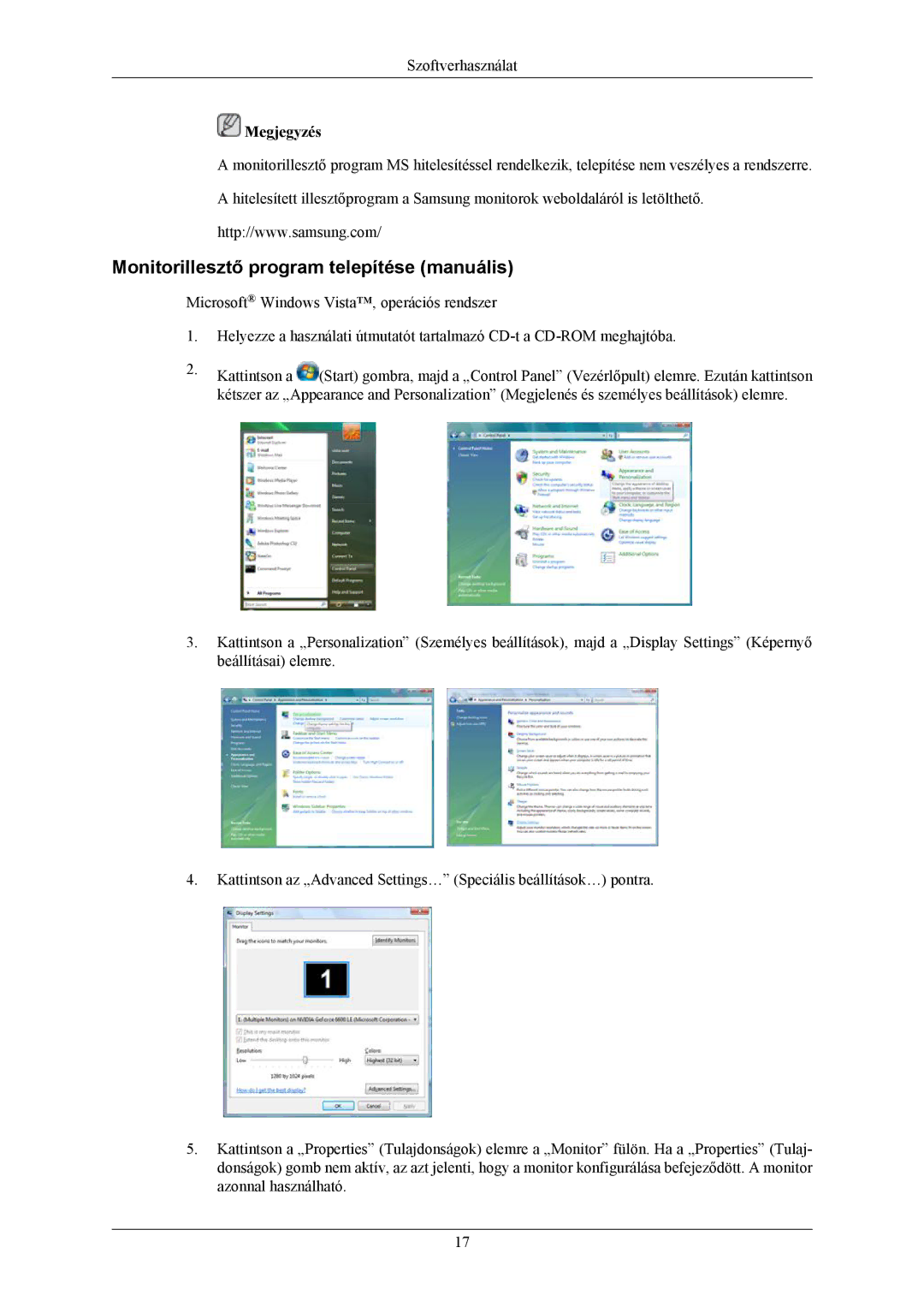 Samsung LS20MYNKS/EDC, LS20MYNKSB/EDC, LS20MYNKB/EDC, LS20MYNKBB/EDC manual Monitorillesztő program telepítése manuális 