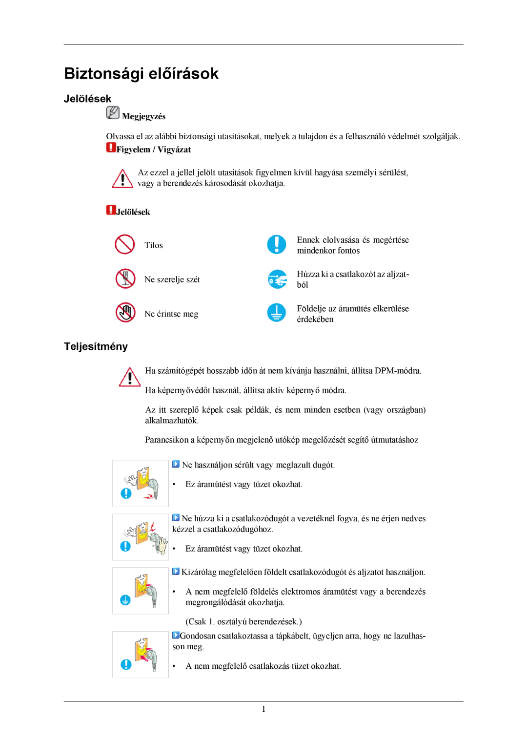 Samsung LS20MYNKBB/EDC, LS20MYNKSB/EDC, LS20MYNKB/EDC, LS20MYNKF/EDC manual Biztonsági előírások, Jelölések, Teljesítmény 