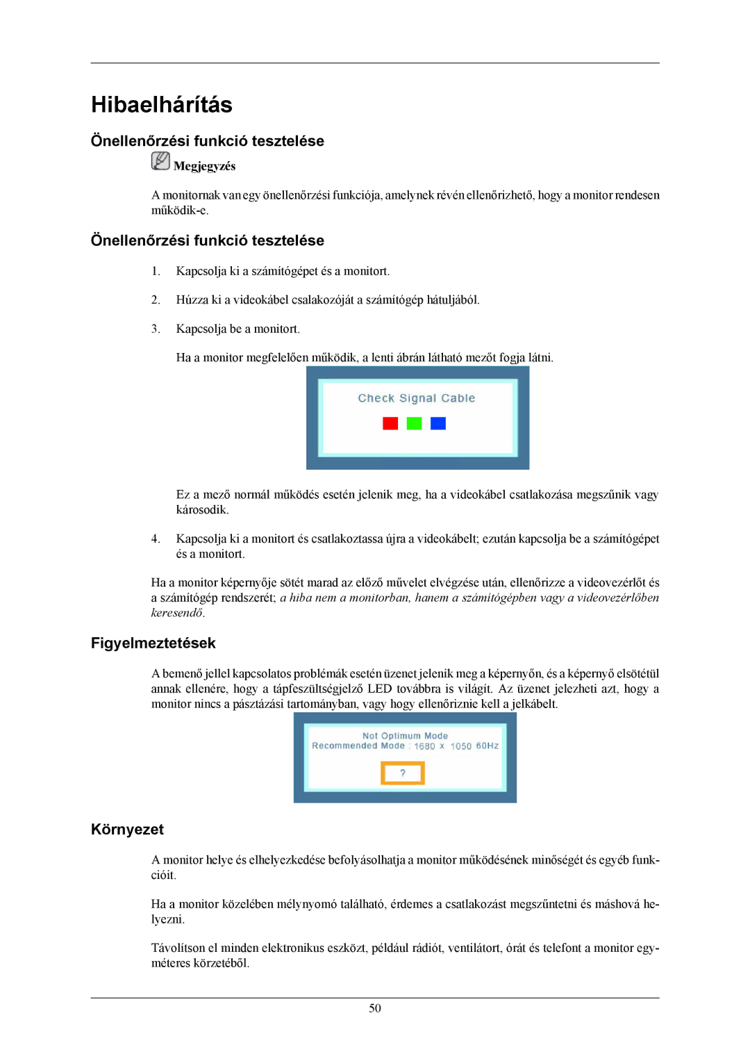 Samsung LS20MYNKBB/EDC, LS20MYNKSB/EDC manual Hibaelhárítás, Önellenőrzési funkció tesztelése, Figyelmeztetések, Környezet 