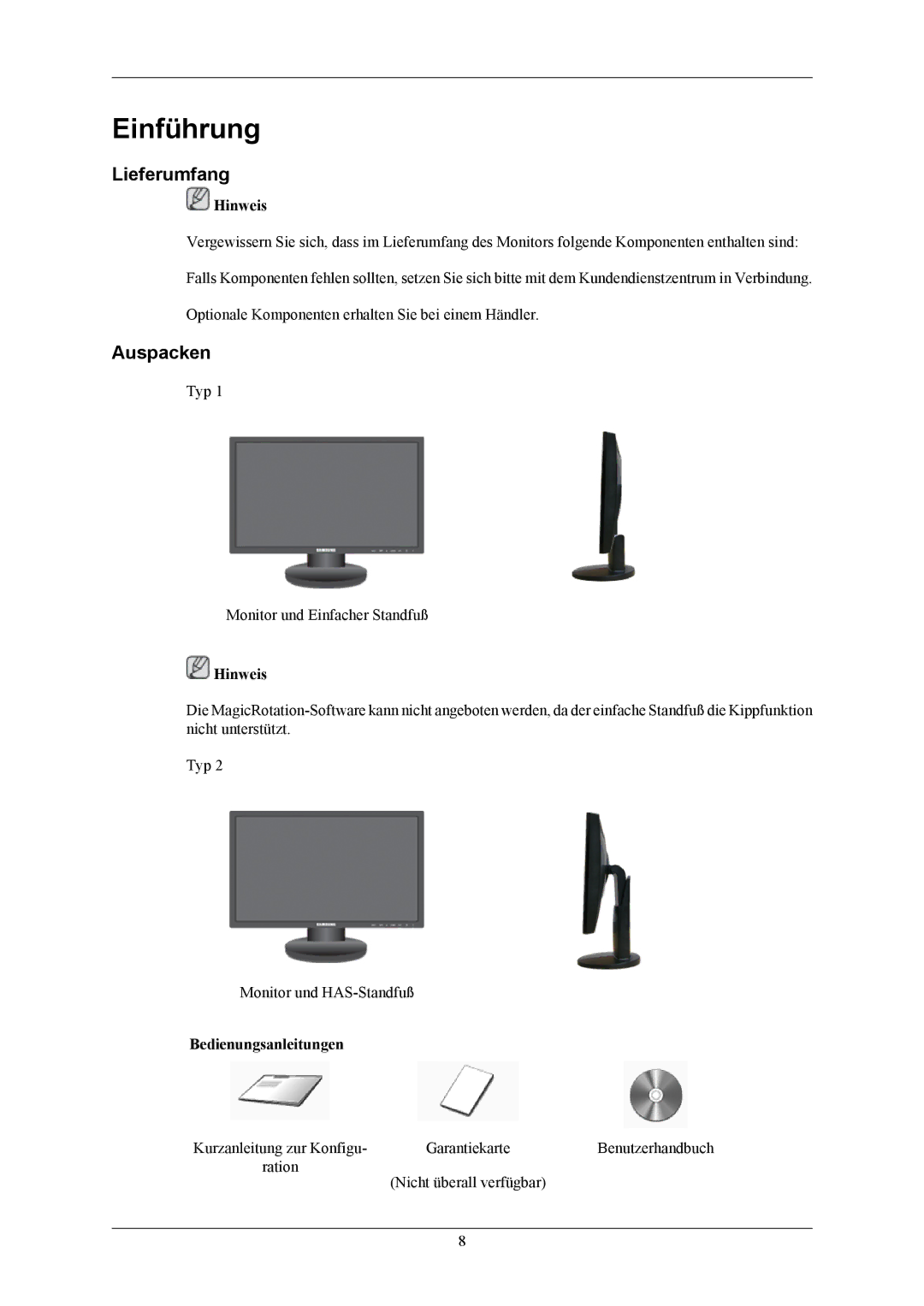 Samsung LS20MYNKBB/EDC, LS20MYNKSB/EDC, LS20MYNKB/EDC, LS20MYNKF/EDC, LS20MYNKS/EDC manual Einführung, Lieferumfang, Auspacken 