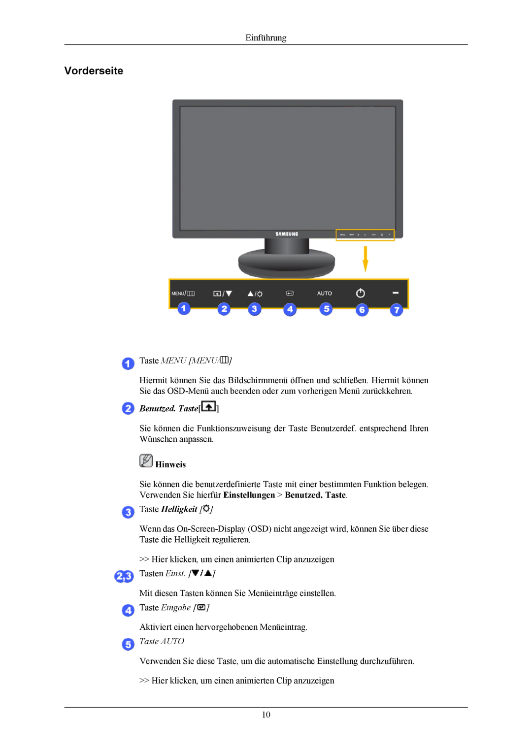 Samsung LS20MYNKS/EDC, LS20MYNKSB/EDC, LS20MYNKB/EDC, LS20MYNKBB/EDC, LS20MYNKF/EDC manual Vorderseite, Taste Menu Menu 