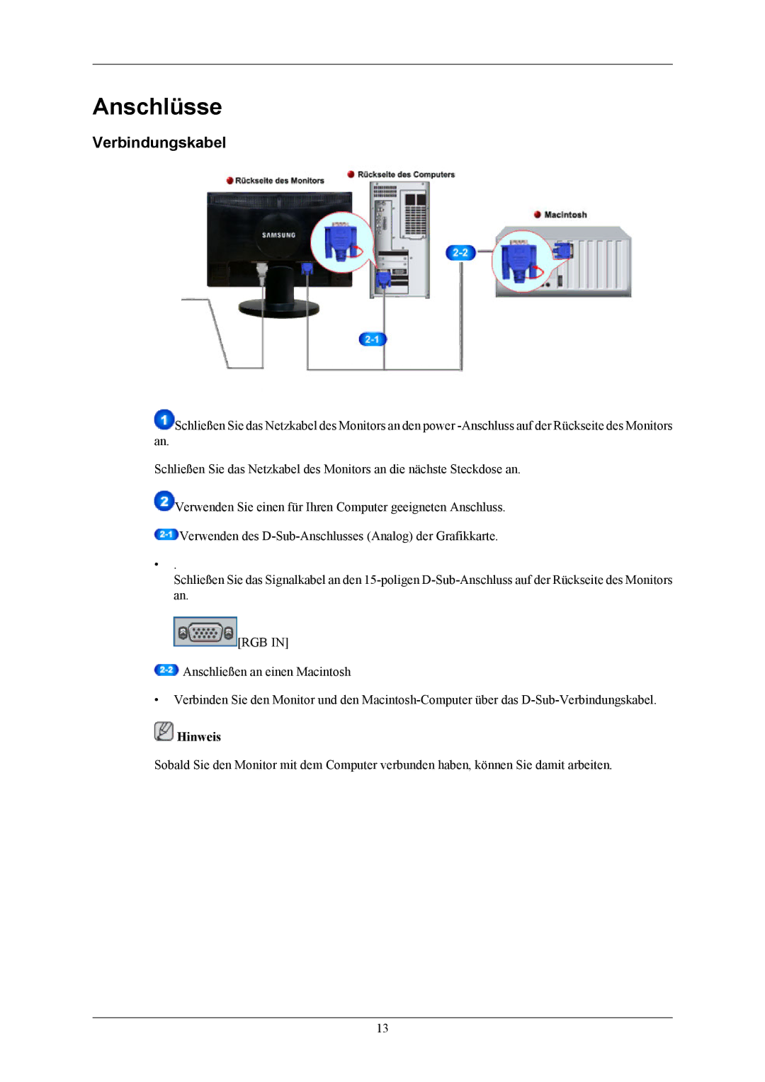 Samsung LS20MYNKB/EDC, LS20MYNKSB/EDC, LS20MYNKBB/EDC, LS20MYNKF/EDC, LS20MYNKS/EDC manual Anschlüsse, Verbindungskabel 