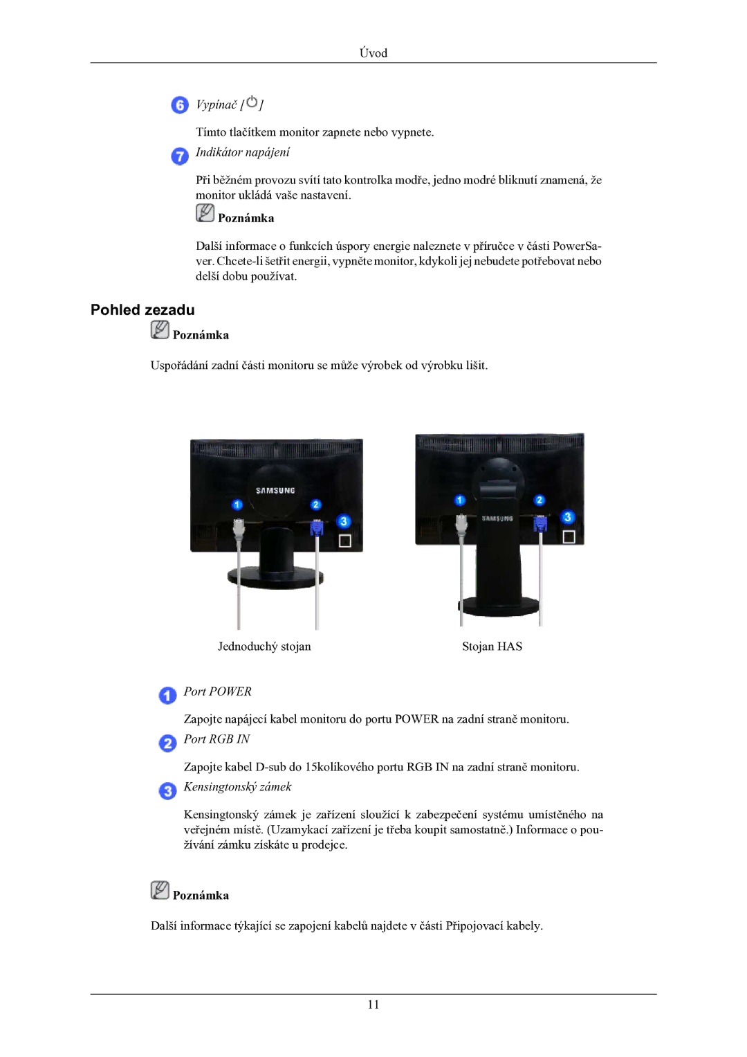 Samsung LS20MYNKBBHEDC, LS20MYNKSB/EDC, LS20MYNKB/EDC, LS20MYNKBB/EDC, LS20MYNKF/EDC manual Pohled zezadu, Indikátor napájení 