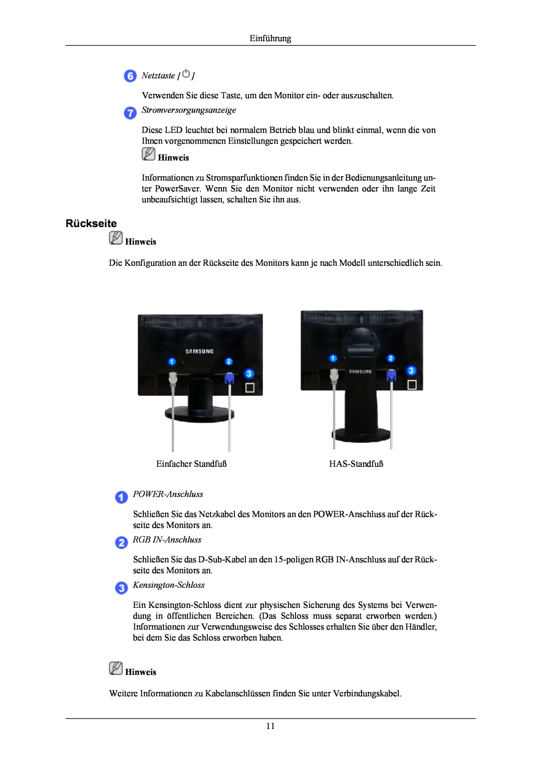Samsung LS20MYNKBBHEDC manual Rückseite, Netztaste, Stromversorgungsanzeige, POWER-Anschluss, RGB IN-Anschluss, Hinweis 