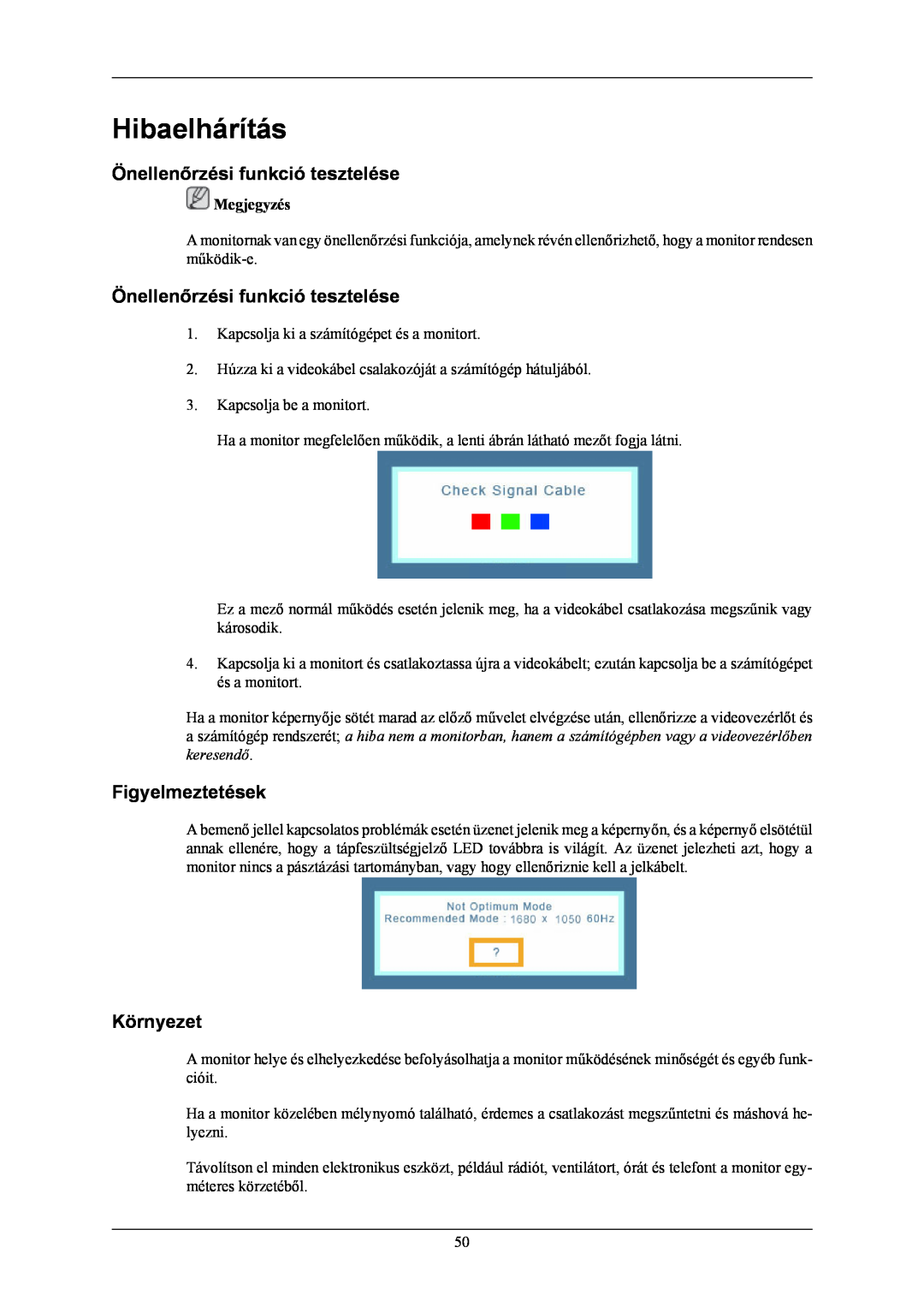 Samsung LS20MYNKF/EDC manual Hibaelhárítás, Önellenőrzési funkció tesztelése, Figyelmeztetések, Környezet, Megjegyzés 