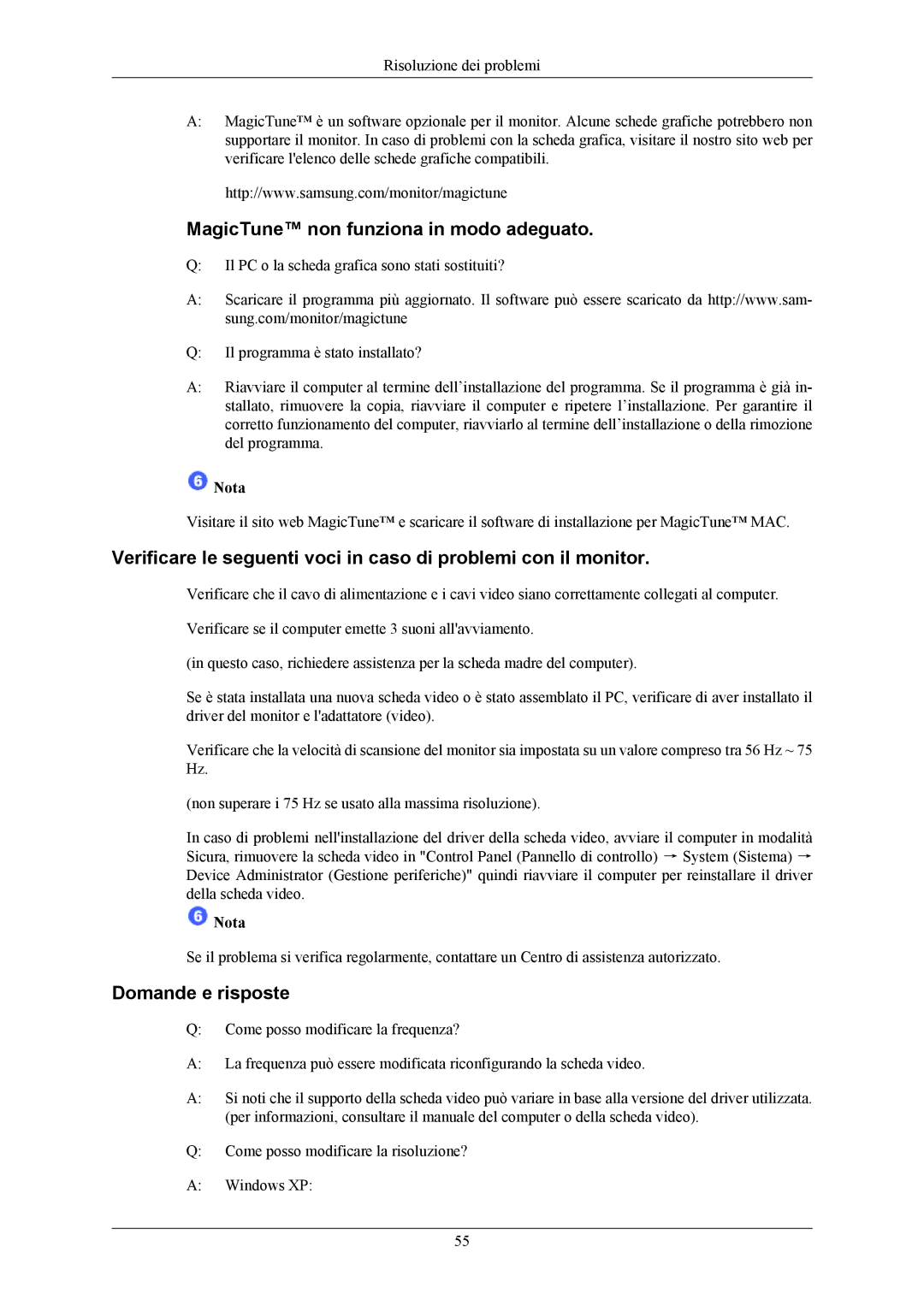 Samsung LS20MYNKBB/EDC, LS20MYNKSB/EDC, LS20MYNKB/EDC manual MagicTune non funziona in modo adeguato, Domande e risposte 