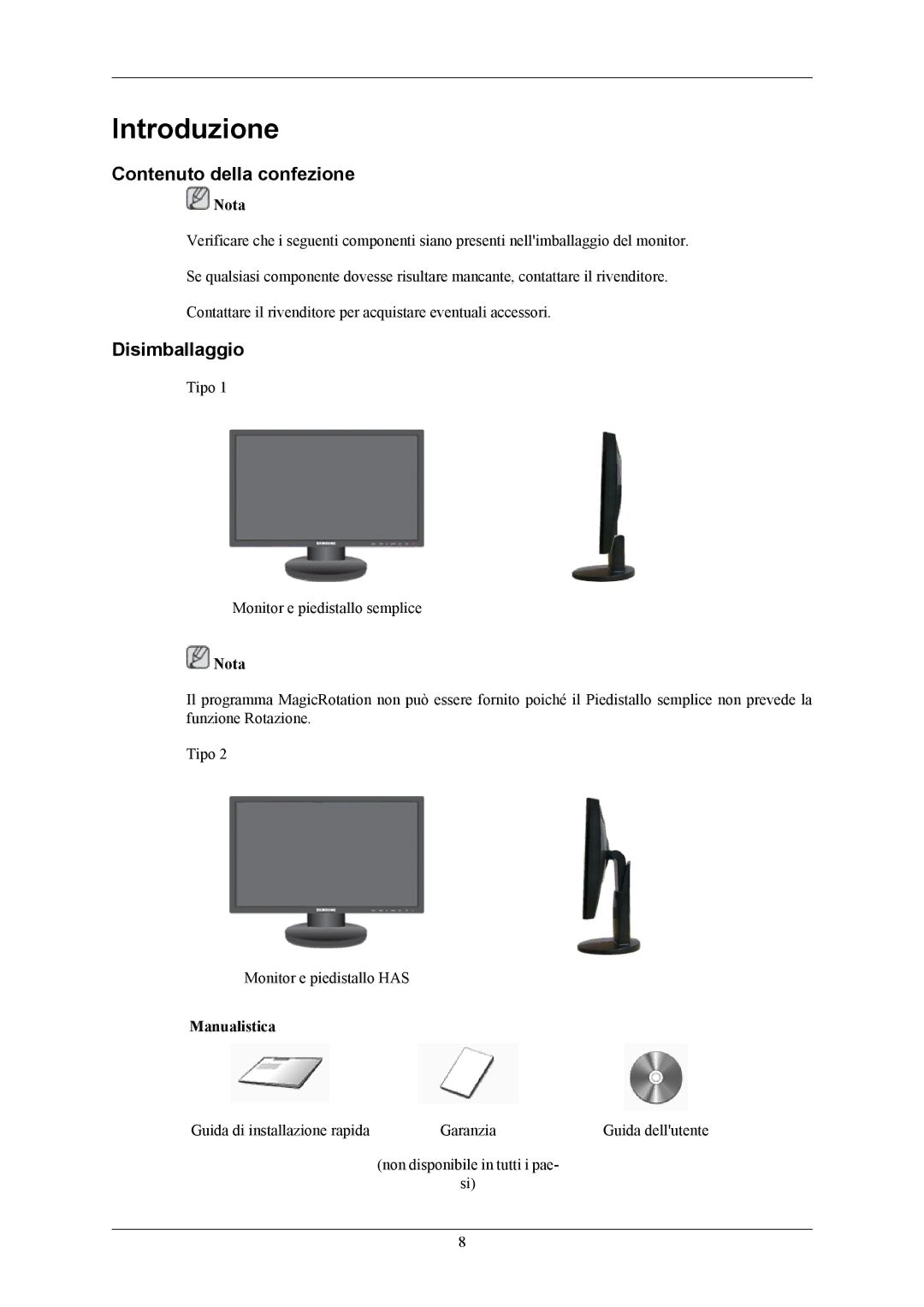 Samsung LS20MYNKBB/EDC, LS20MYNKSB/EDC, LS20MYNKB/EDC manual Introduzione, Contenuto della confezione, Disimballaggio 