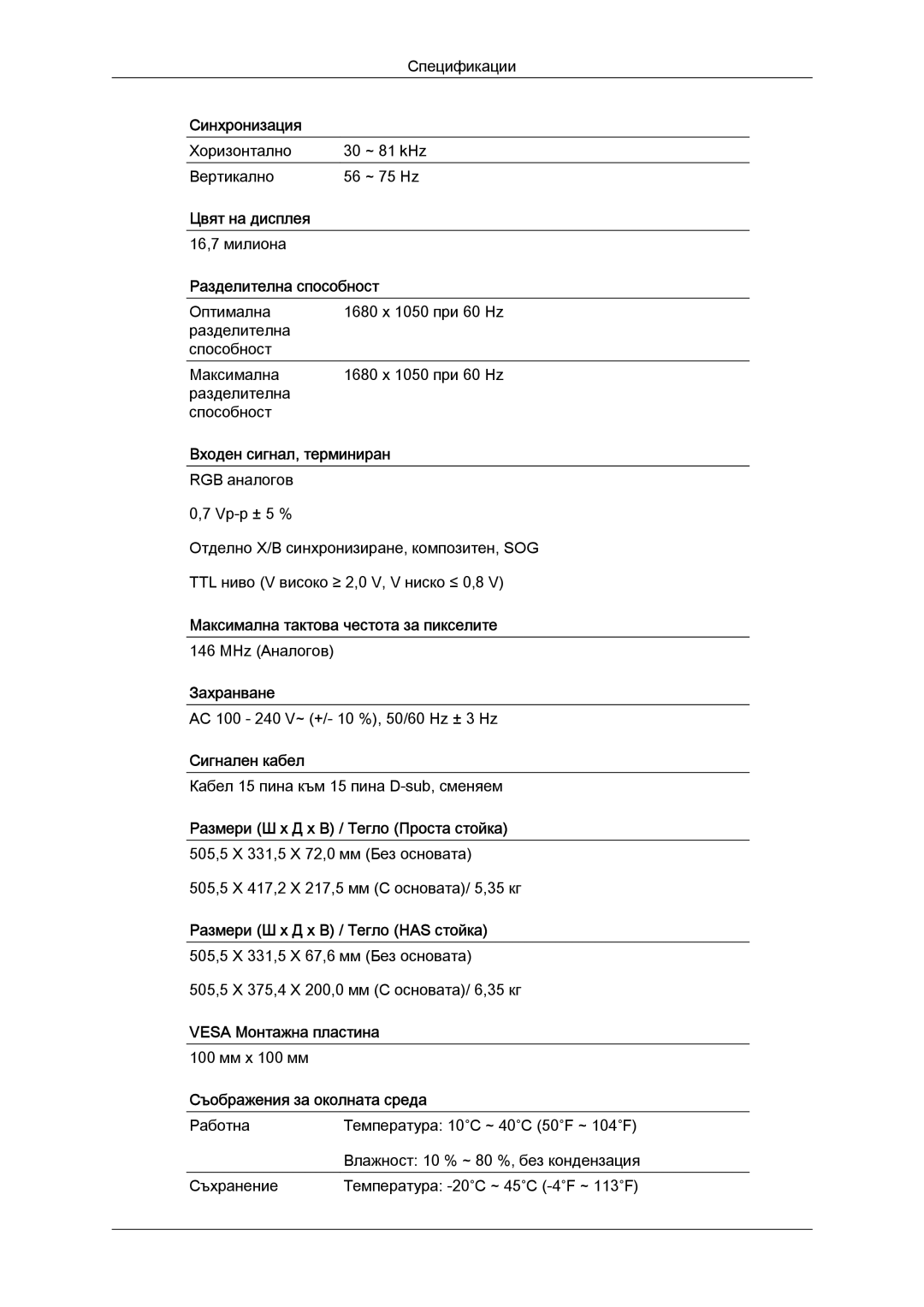 Samsung LS19MYYKBBA/EN, LS20MYYKBB/EDC, LS22MYYKBB/EDC, LS20MYYKBBA/EN manual Хоризонтално ~ 81 kHz Вертикално ~ 75 Hz 