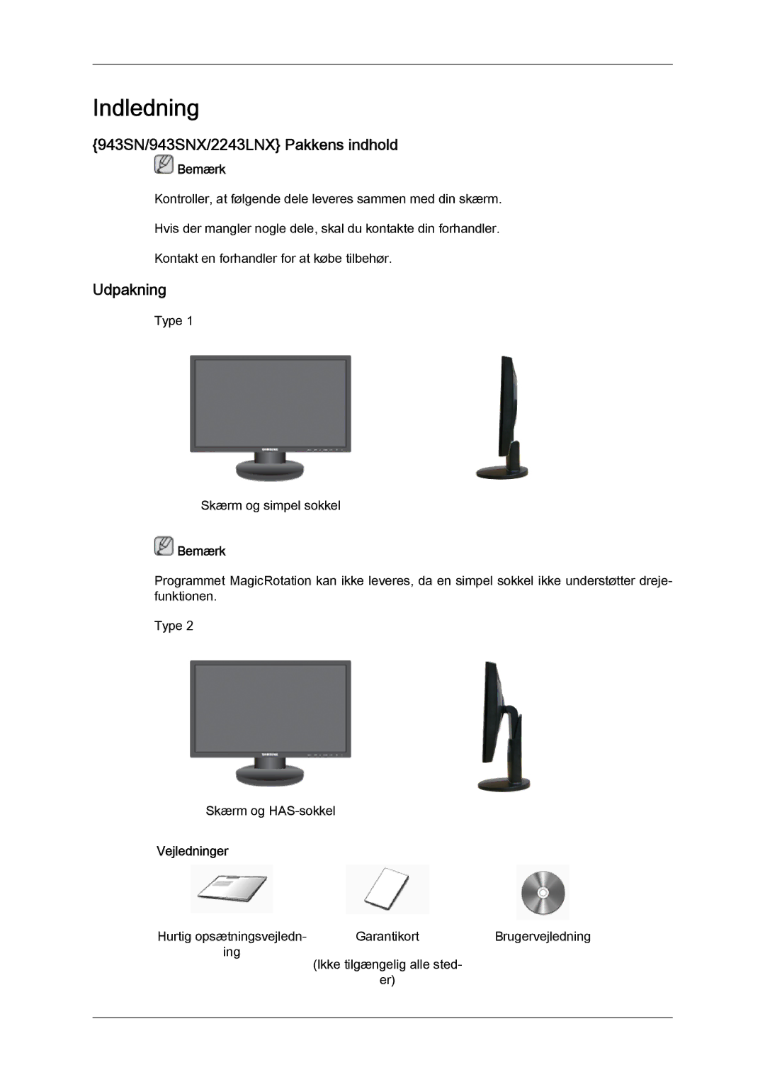 Samsung LS22MYYKBB/EDC, LS20MYYKBB/EDC, LS19MYYKBB/EDC manual 943SN/943SNX/2243LNX Pakkens indhold, Udpakning 