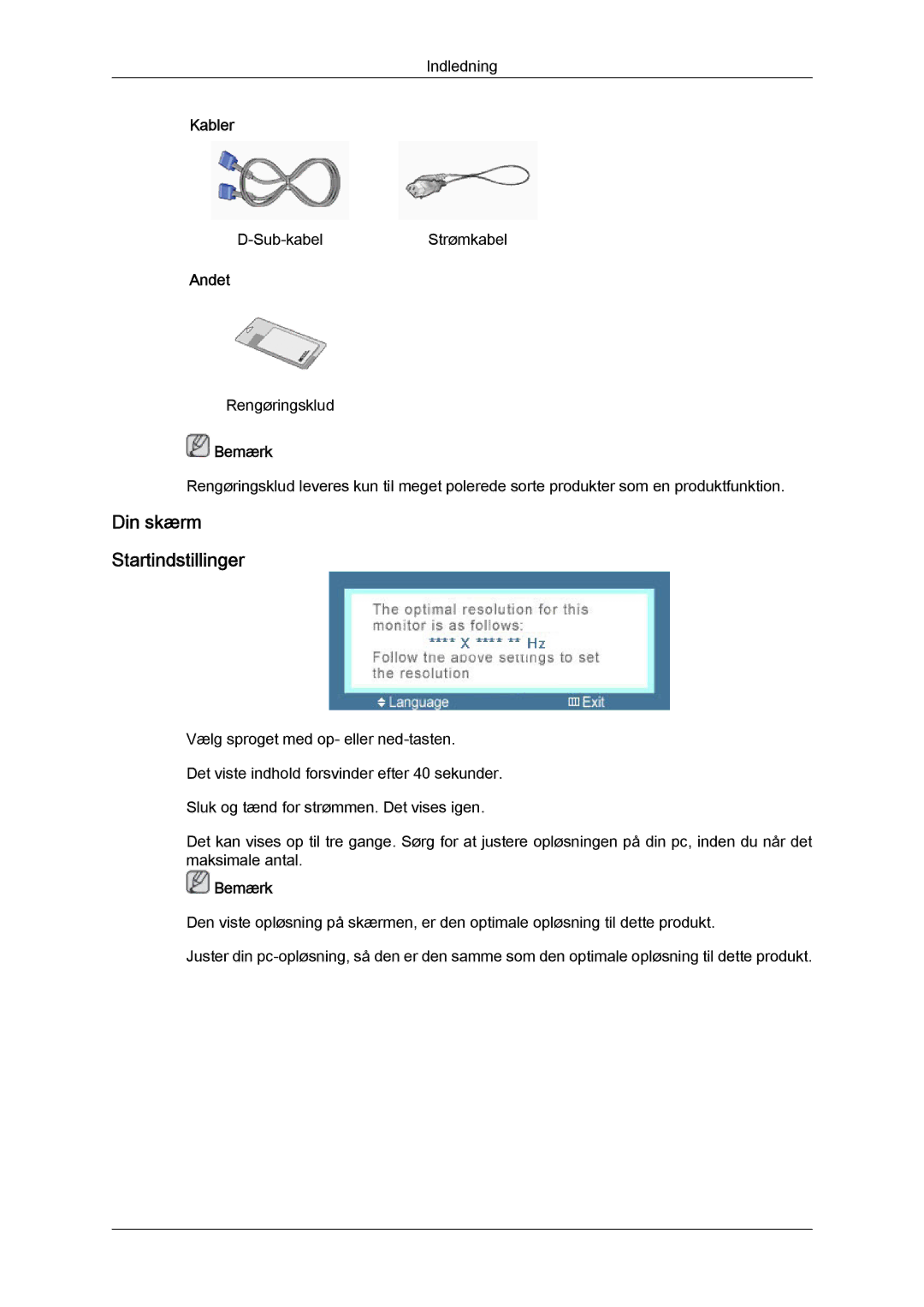 Samsung LS19MYYKBB/EDC, LS20MYYKBB/EDC, LS22MYYKBB/EDC manual Din skærm Startindstillinger 