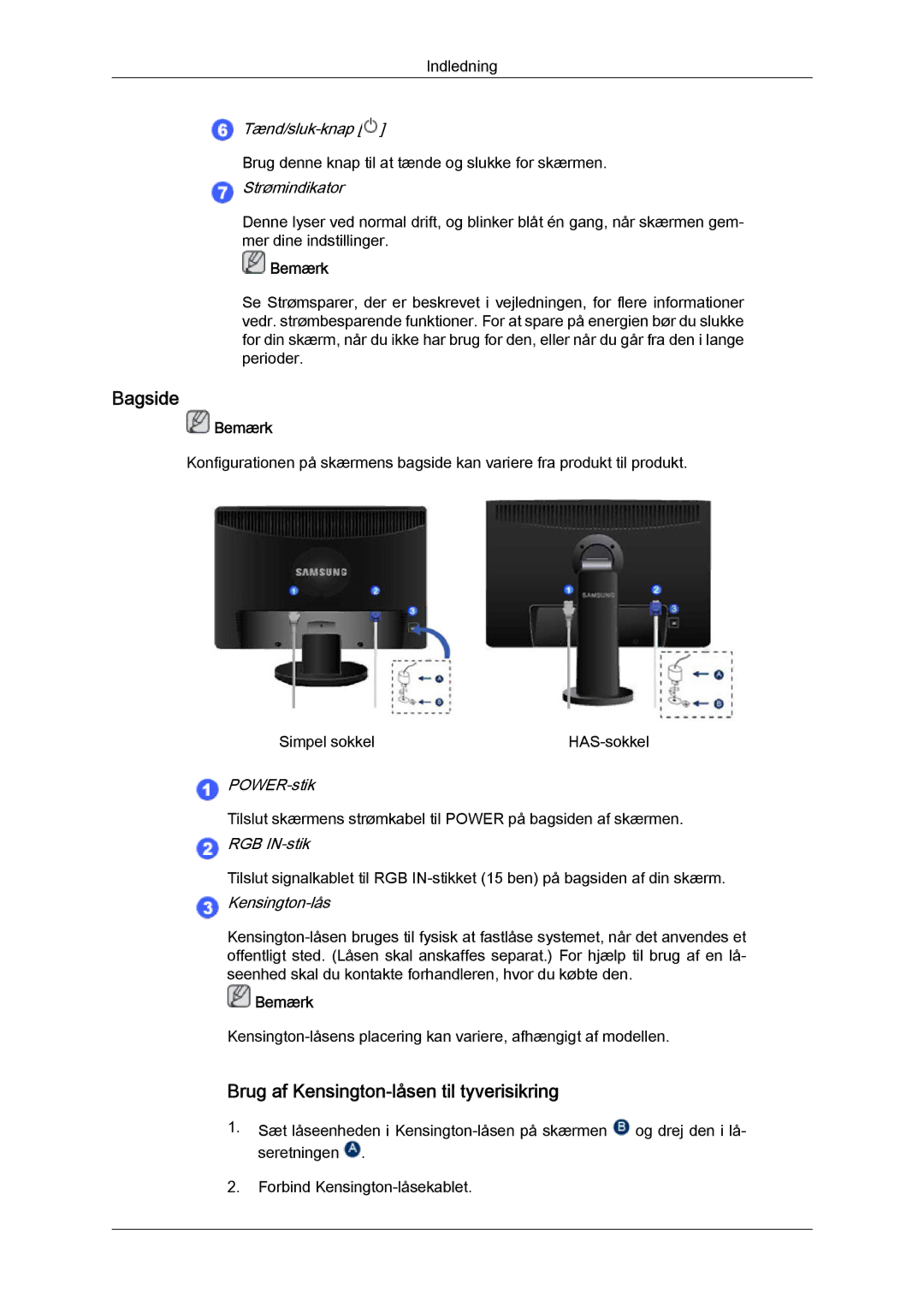 Samsung LS22MYYKBB/EDC, LS20MYYKBB/EDC, LS19MYYKBB/EDC manual Bagside, Brug af Kensington-låsen til tyverisikring 