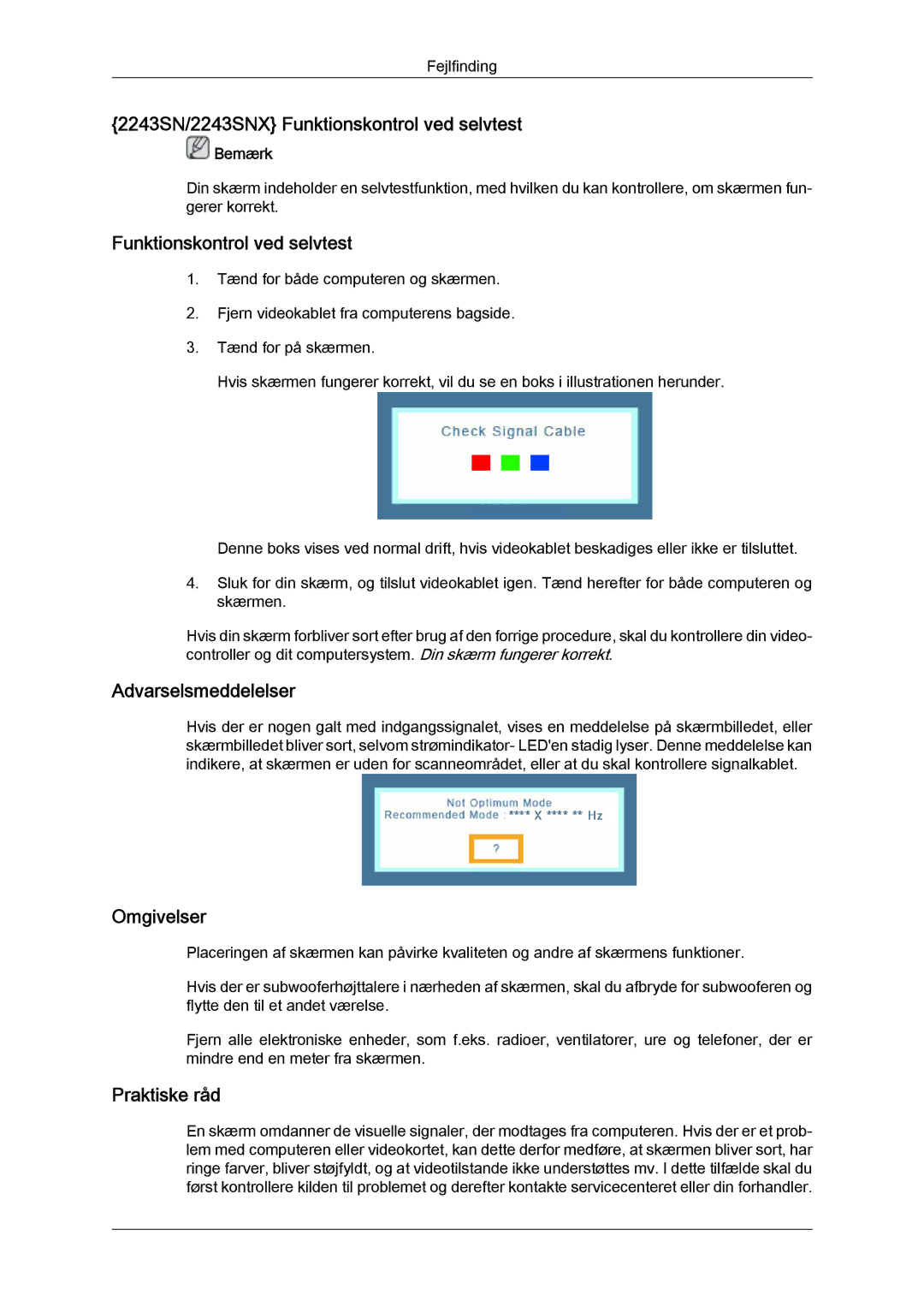 Samsung LS20MYYKBB/EDC, LS22MYYKBB/EDC, LS19MYYKBB/EDC manual 2243SN/2243SNX Funktionskontrol ved selvtest 