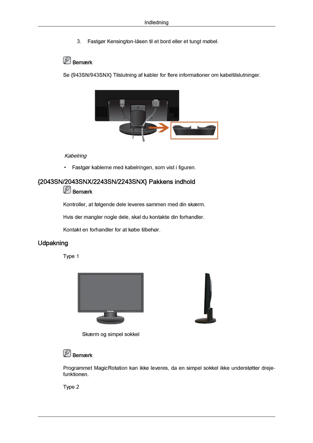 Samsung LS19MYYKBB/EDC, LS20MYYKBB/EDC, LS22MYYKBB/EDC manual 2043SN/2043SNX/2243SN/2243SNX Pakkens indhold, Udpakning 