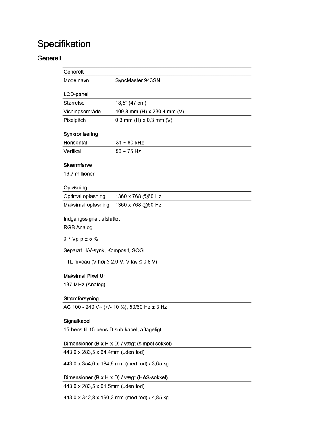 Samsung LS19MYYKBB/EDC, LS20MYYKBB/EDC, LS22MYYKBB/EDC manual Specifikation, Generelt 