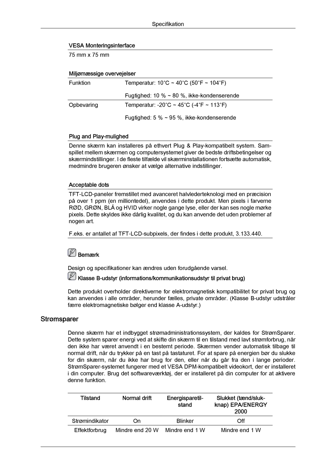 Samsung LS20MYYKBB/EDC, LS22MYYKBB/EDC, LS19MYYKBB/EDC manual Strømsparer 