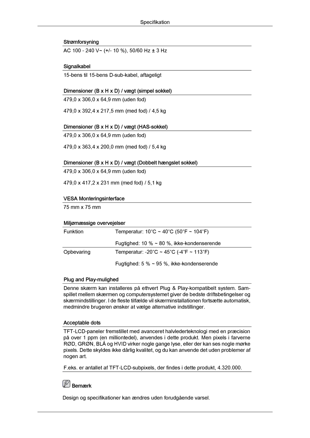 Samsung LS20MYYKBB/EDC, LS22MYYKBB/EDC, LS19MYYKBB/EDC manual Strømforsyning 