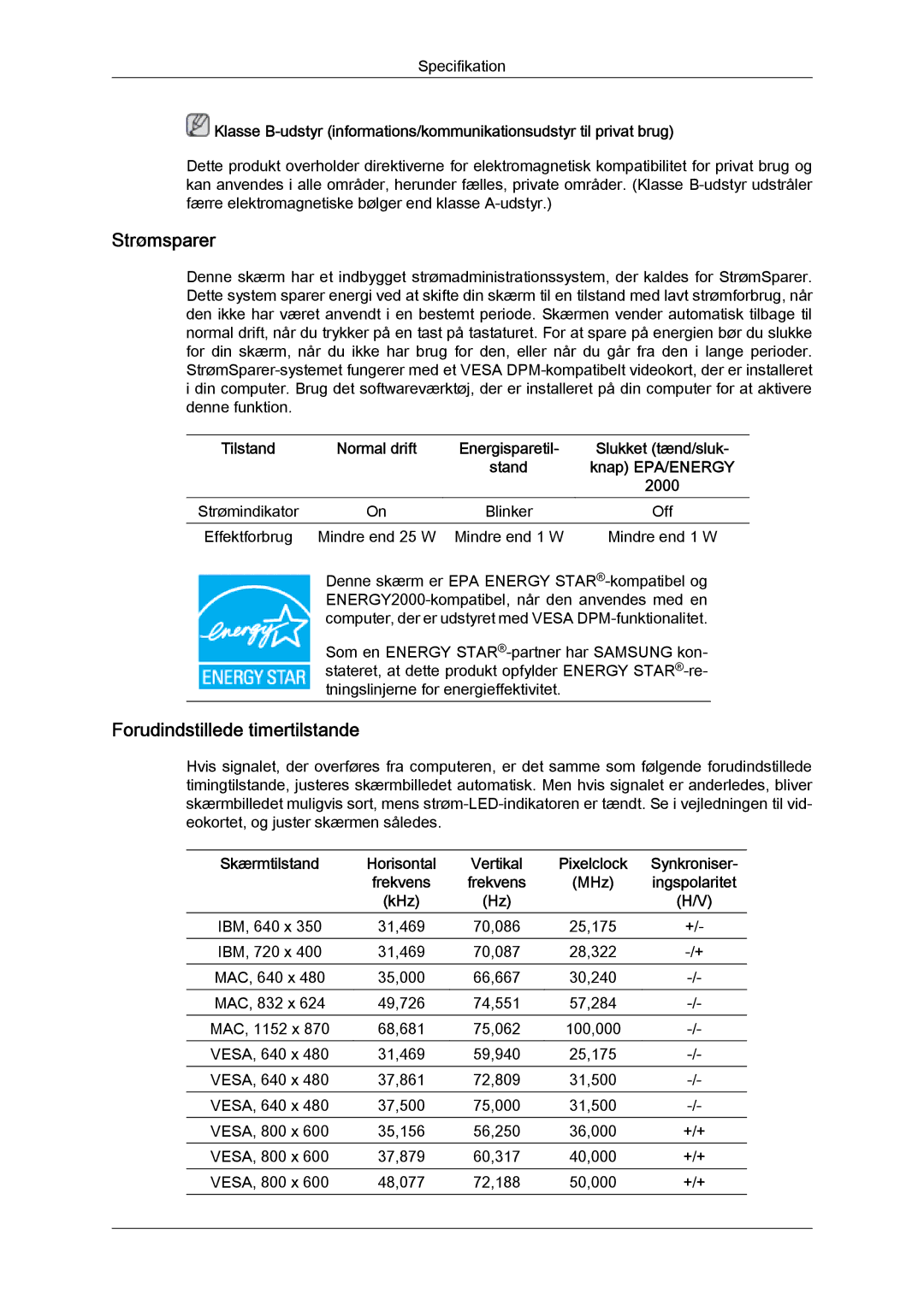 Samsung LS22MYYKBB/EDC, LS20MYYKBB/EDC, LS19MYYKBB/EDC manual Strømsparer 