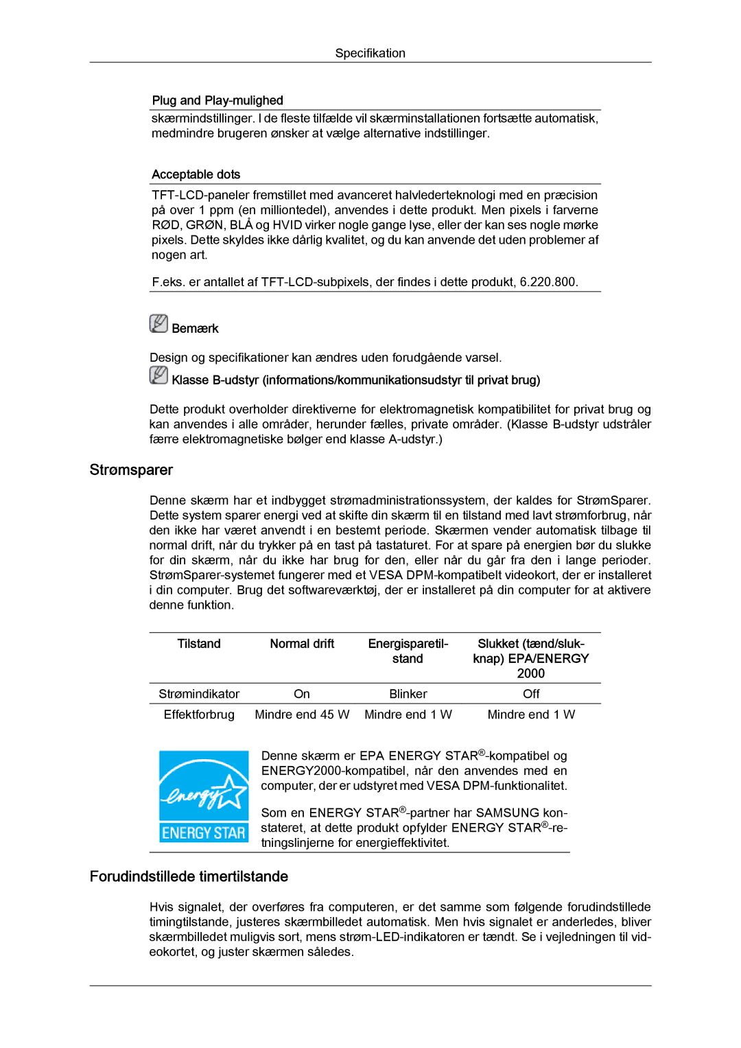 Samsung LS22MYYKBB/EDC, LS20MYYKBB/EDC, LS19MYYKBB/EDC manual Strømsparer 