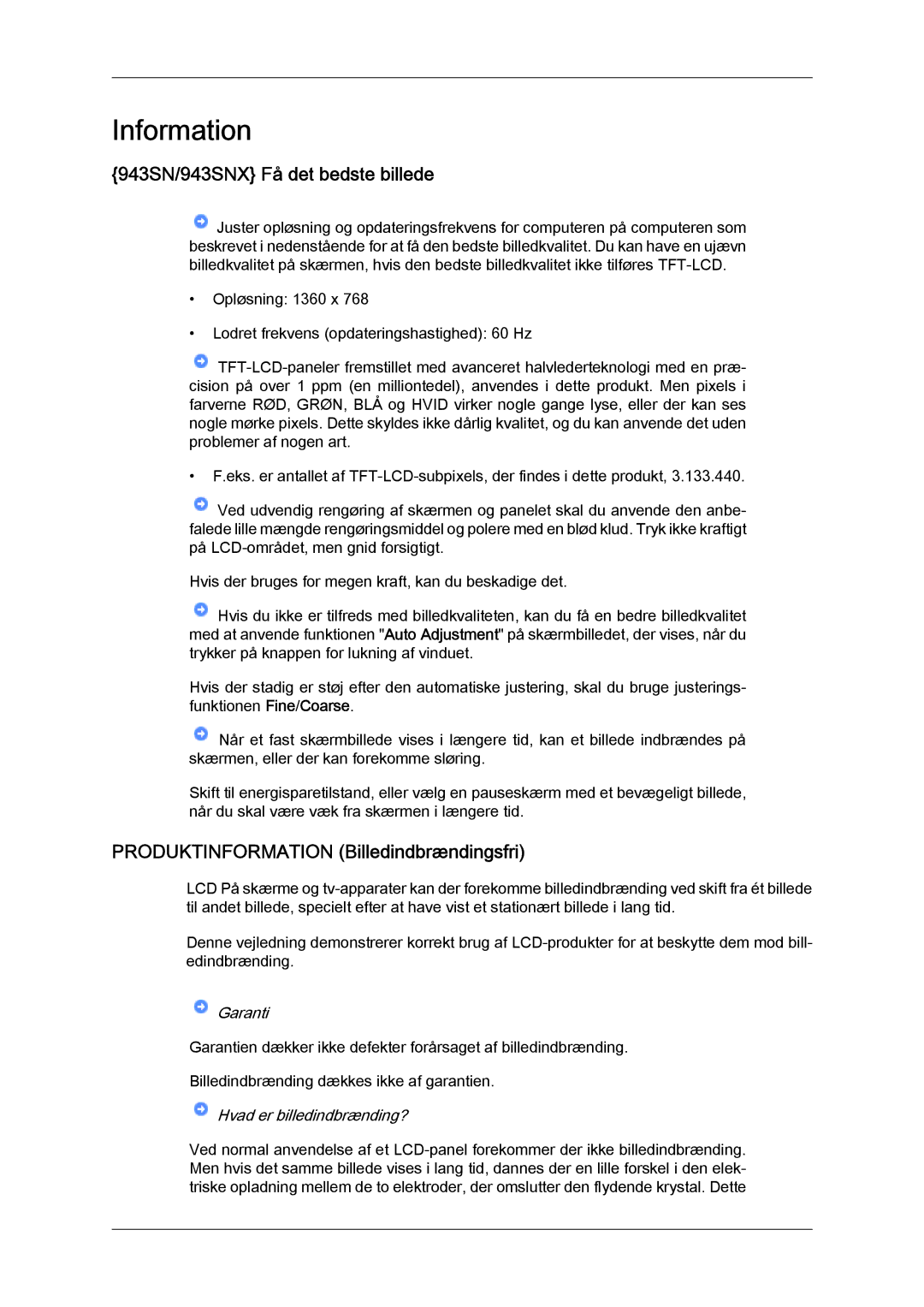 Samsung LS22MYYKBB/EDC, LS20MYYKBB/EDC manual 943SN/943SNX Få det bedste billede, Produktinformation Billedindbrændingsfri 