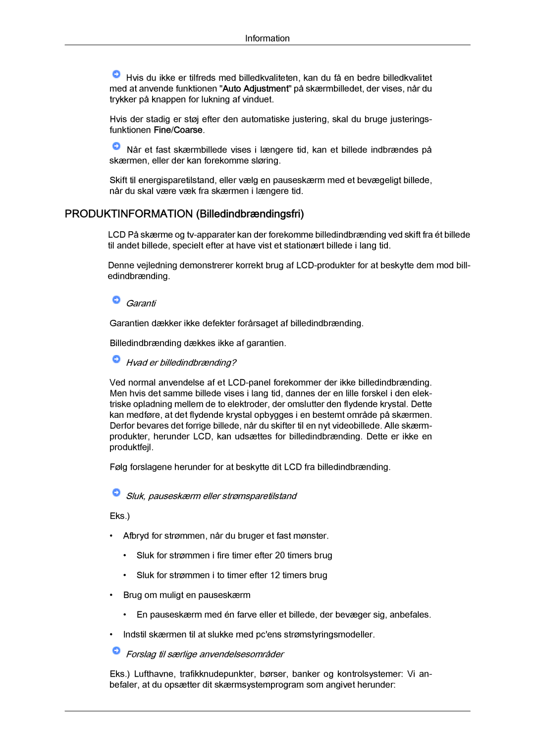 Samsung LS19MYYKBB/EDC, LS20MYYKBB/EDC, LS22MYYKBB/EDC manual Produktinformation Billedindbrændingsfri 