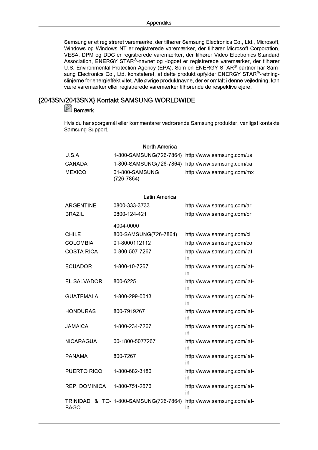 Samsung LS22MYYKBB/EDC, LS20MYYKBB/EDC, LS19MYYKBB/EDC manual 2043SN/2043SNX Kontakt Samsung Worldwide 